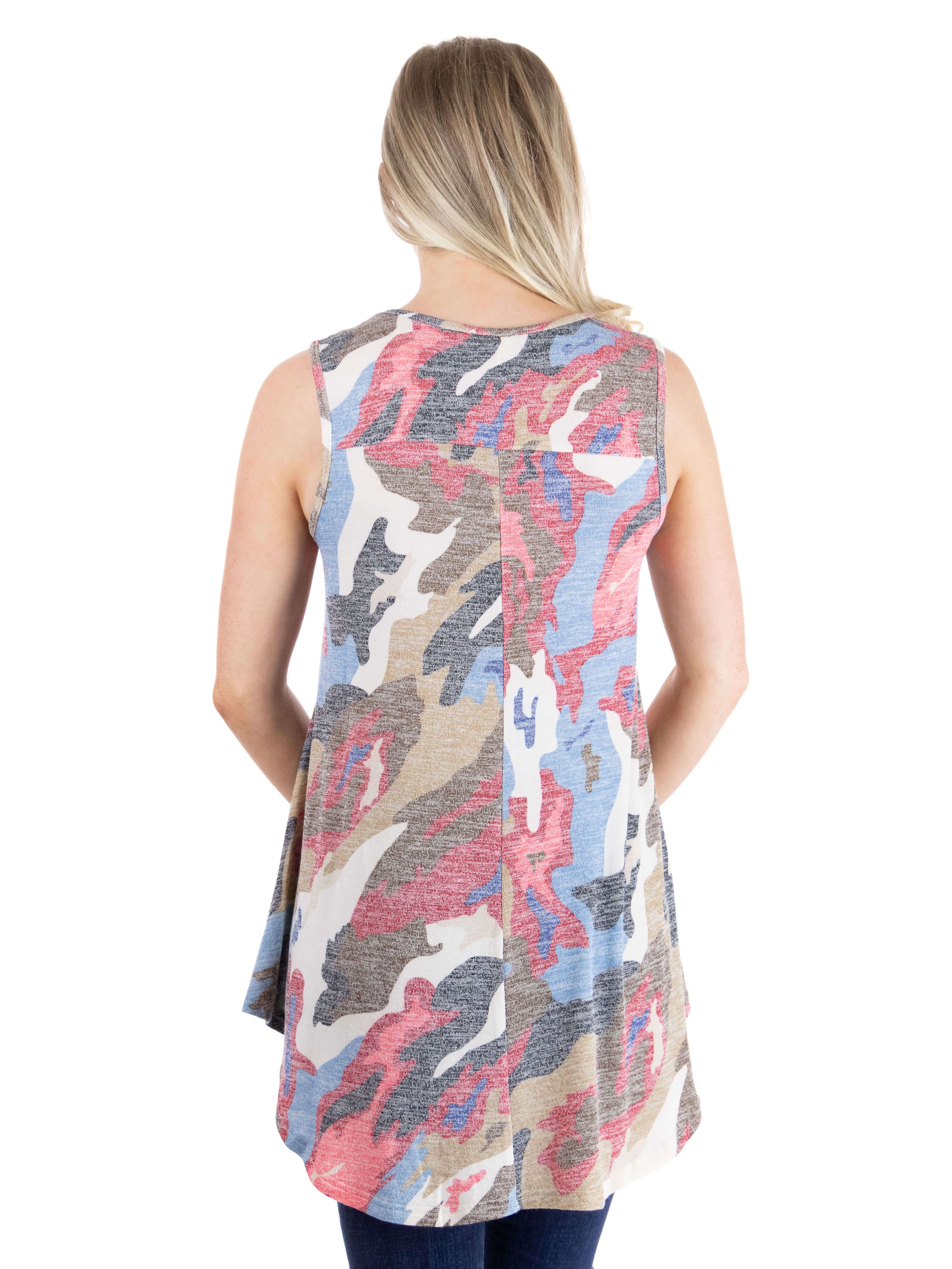 Sleeveless Tan and Blue Camo Print Top sold by 24/7 Comfort Apparel product image thumbnail 2