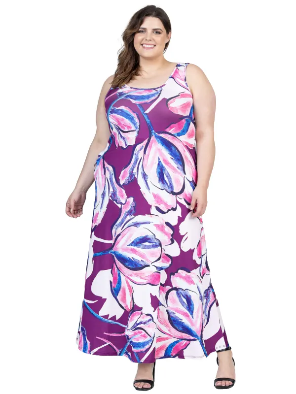 Plus Size Casual Purple Floral Scoop Neck Sleeveless Maxi Dress With Pockets sold by 24/7 Comfort Apparel