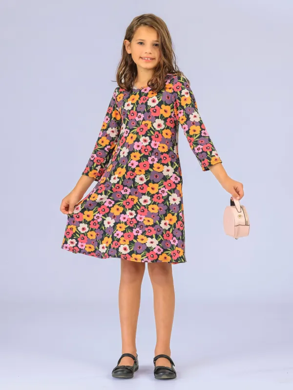 24seven Comfort Apparel Girls Long Sleeve Multicolor Floral Knee Length Pocket Dress sold by 24/7 Comfort Apparel