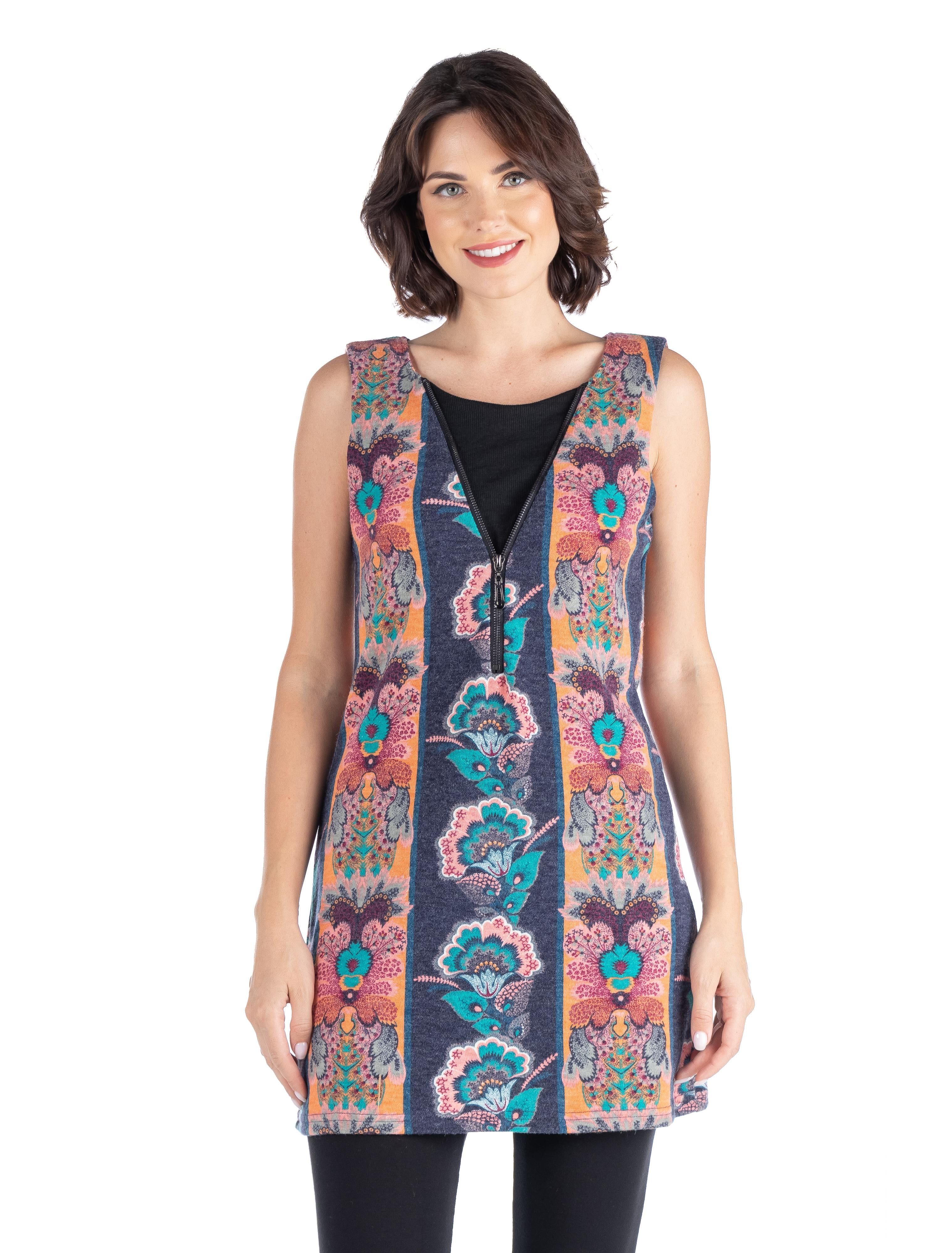 Blue Floral Print Sleeveless Extra Long Tunic Top sold by 24/7 Comfort Apparel