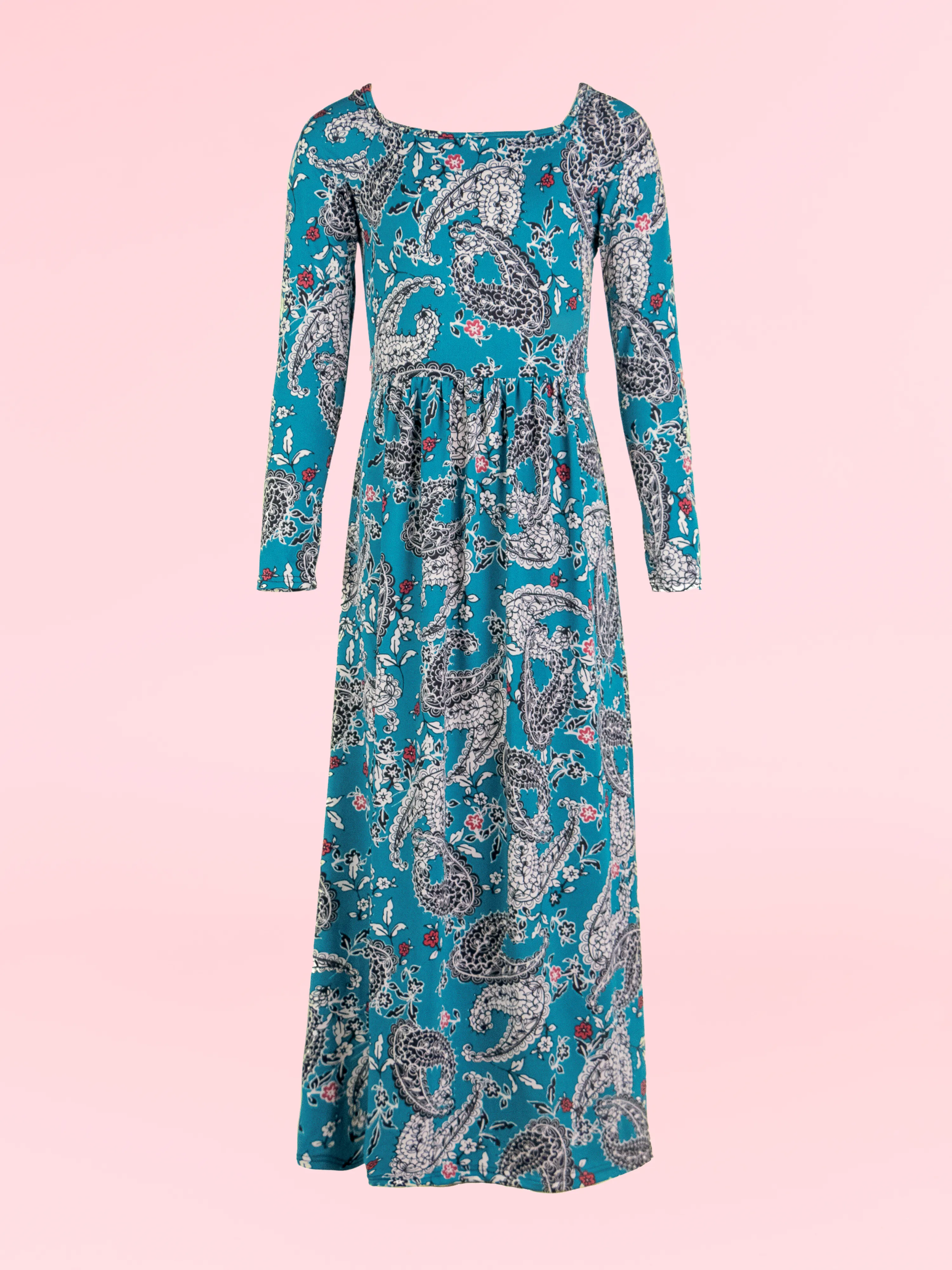 24seven Comfort Apparel Girls Blue Paisley Long Sleeve Pleated Maxi Dress sold by 24/7 Comfort Apparel product image thumbnail 2