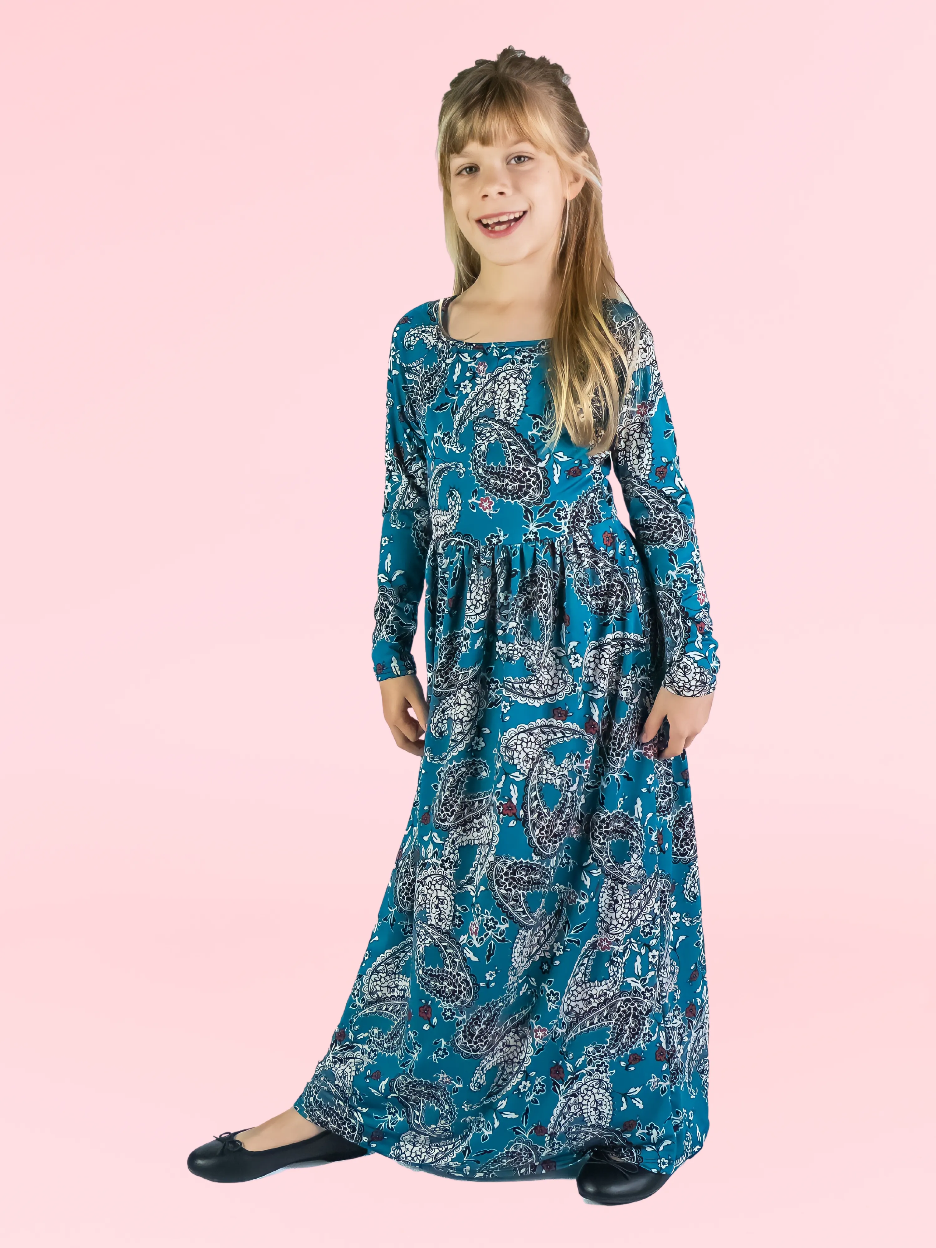 24seven Comfort Apparel Girls Blue Paisley Long Sleeve Pleated Maxi Dress sold by 24/7 Comfort Apparel