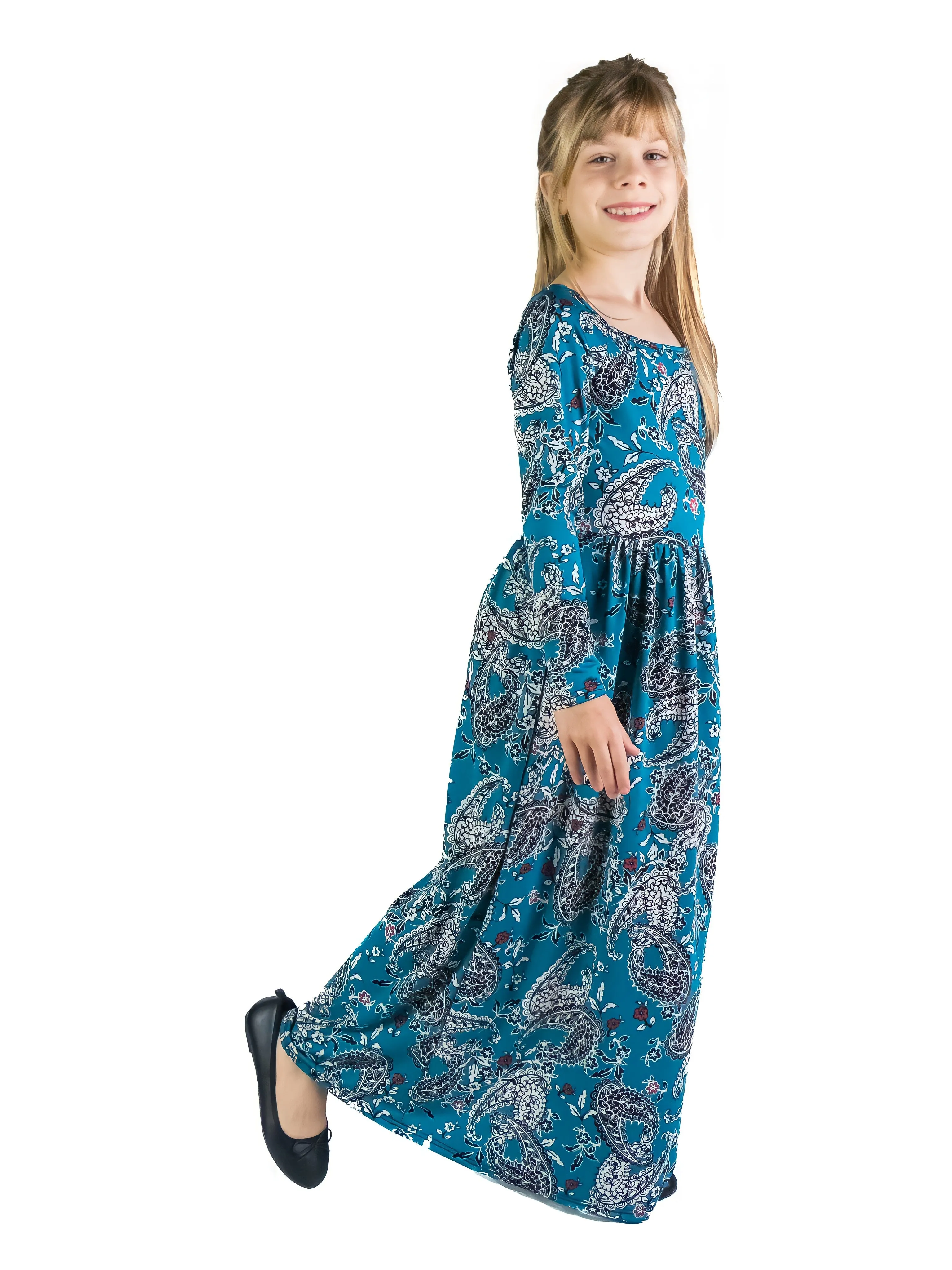 24seven Comfort Apparel Girls Blue Paisley Long Sleeve Pleated Maxi Dress sold by 24/7 Comfort Apparel product image thumbnail 4