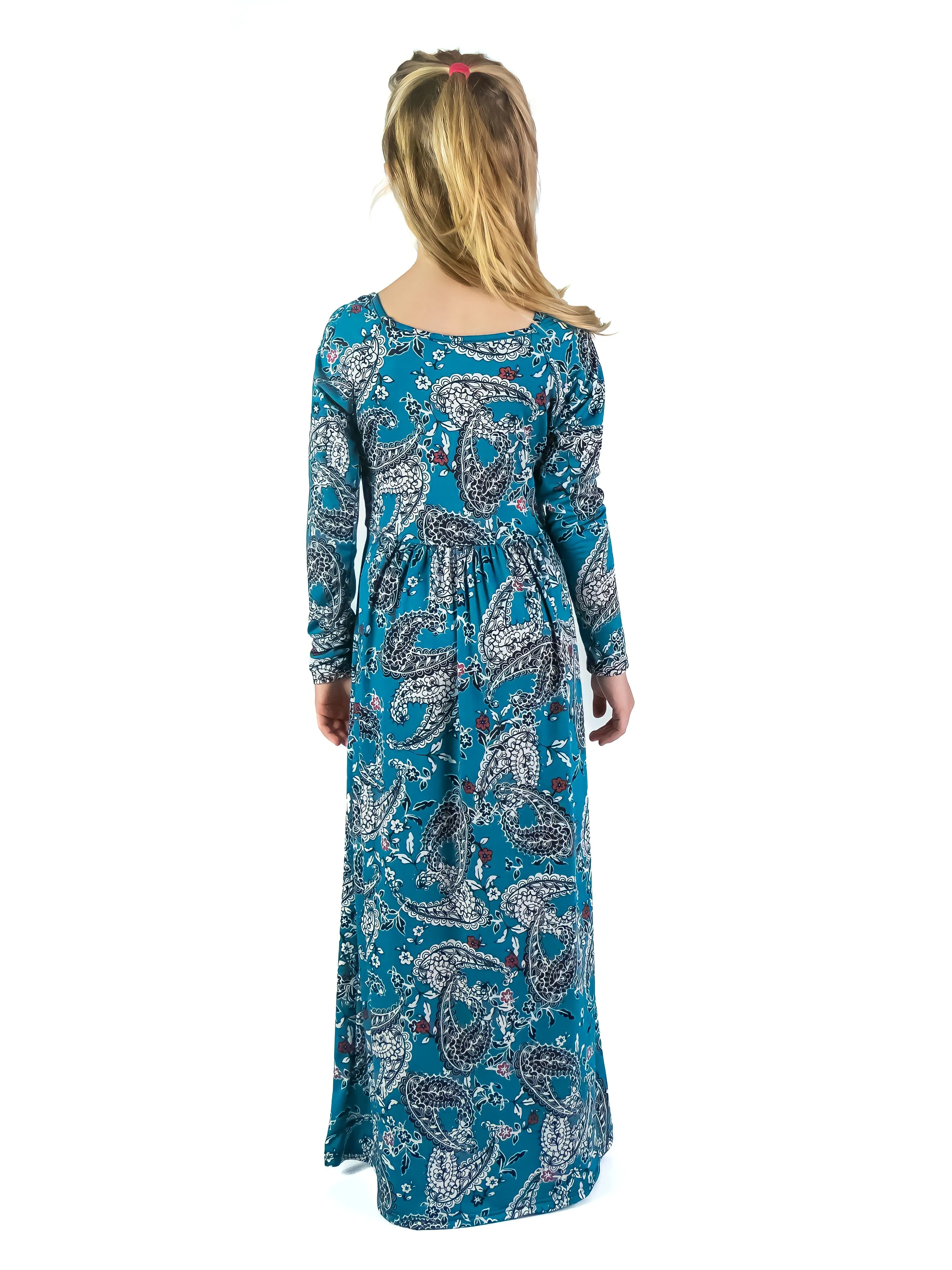 24seven Comfort Apparel Girls Blue Paisley Long Sleeve Pleated Maxi Dress sold by 24/7 Comfort Apparel product image thumbnail 5