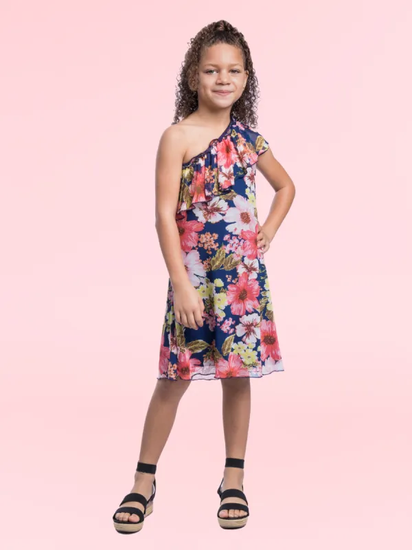 Girls Blue Floral One Shoulder Ruffle Knee Length Dress sold by 24/7 Comfort Apparel