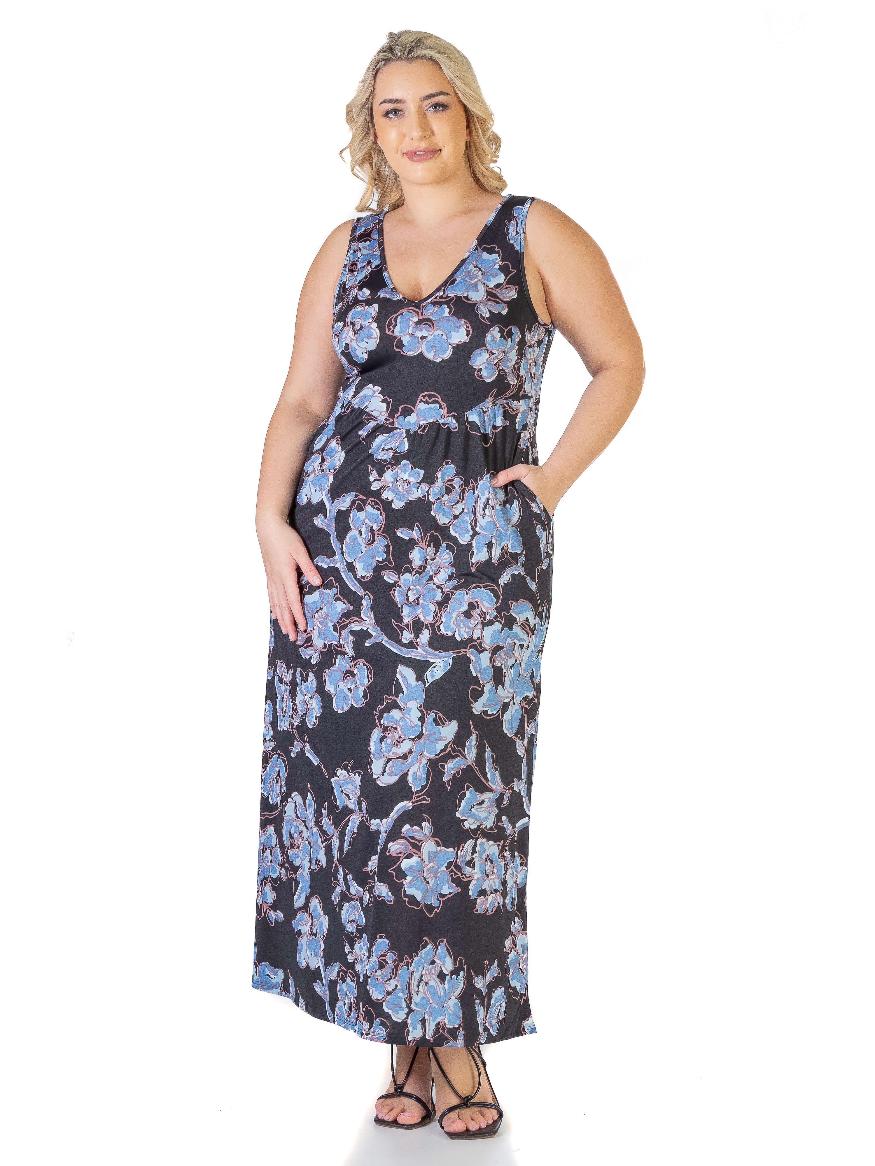 Black Floral Sleeveless Plus Size Pocket Maxi Dress sold by 24/7 Comfort Apparel