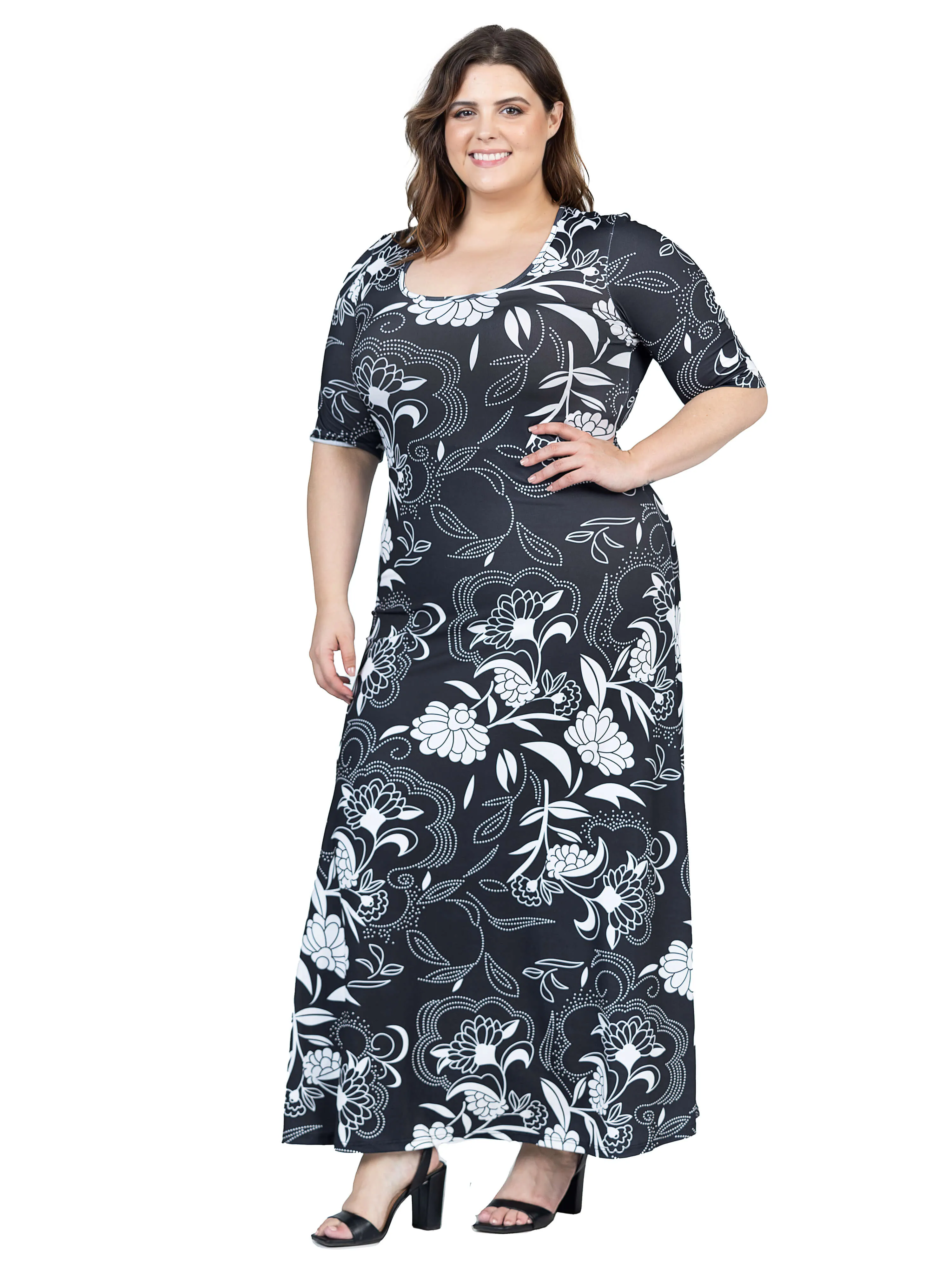 Plus Size Black and White Elbow Sleeve Casual A Line Maxi Dress sold by 24/7 Comfort Apparel product image thumbnail 2
