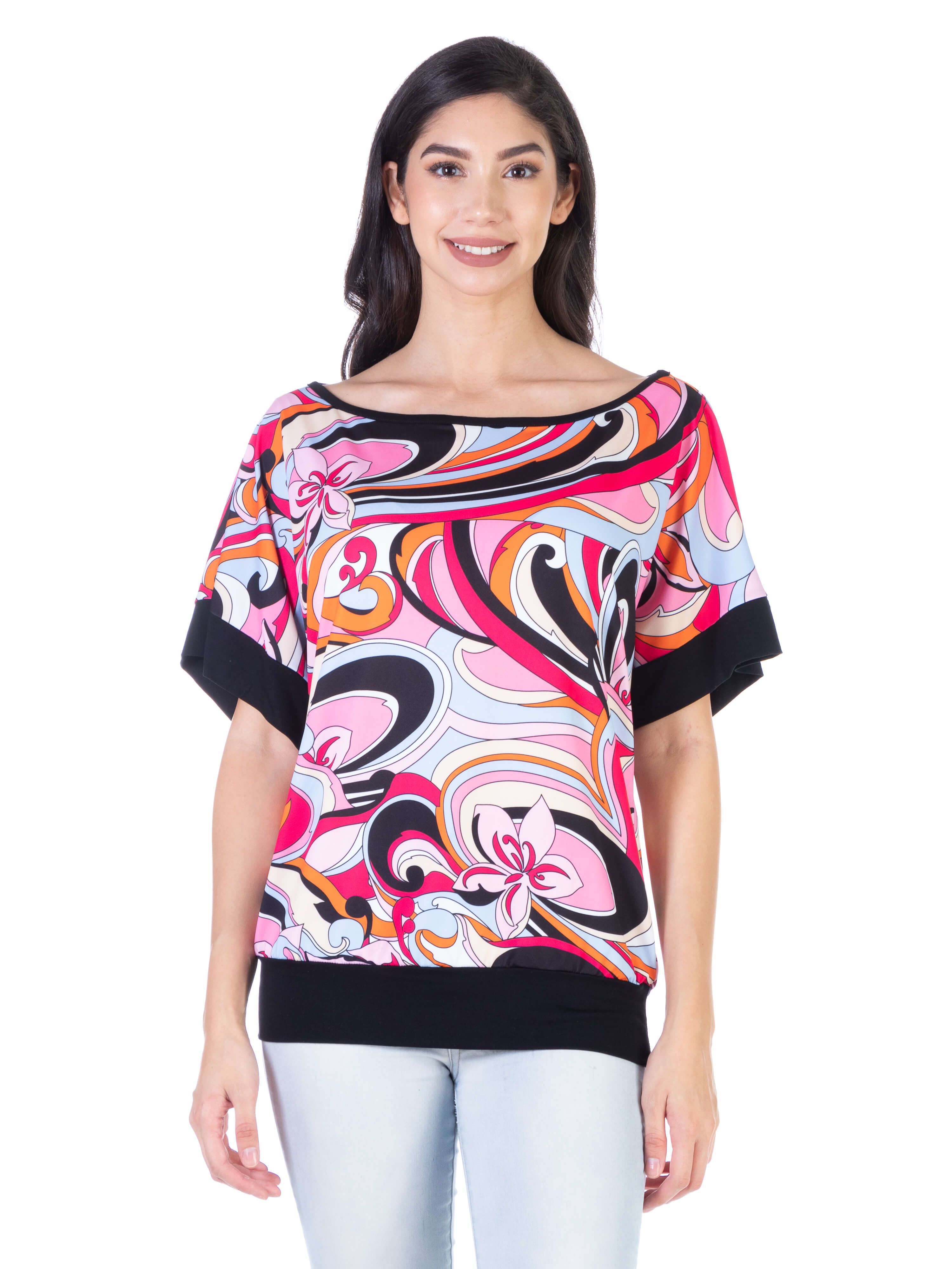 Pink Floral Boatneck Loose Fit Womens Top sold by 24/7 Comfort Apparel