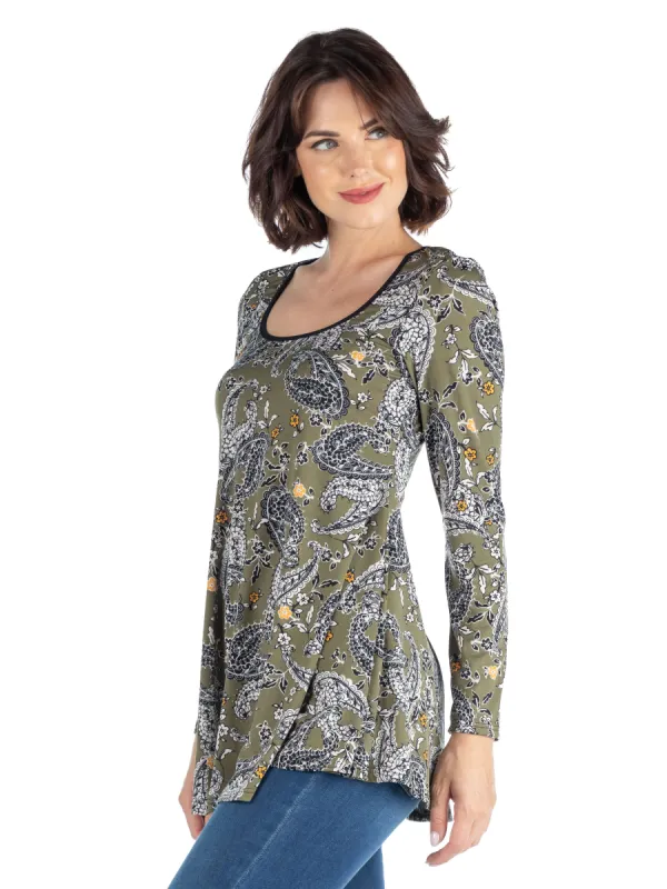 Army Green Paisley Long Sleeve Tunic Top sold by 24/7 Comfort Apparel