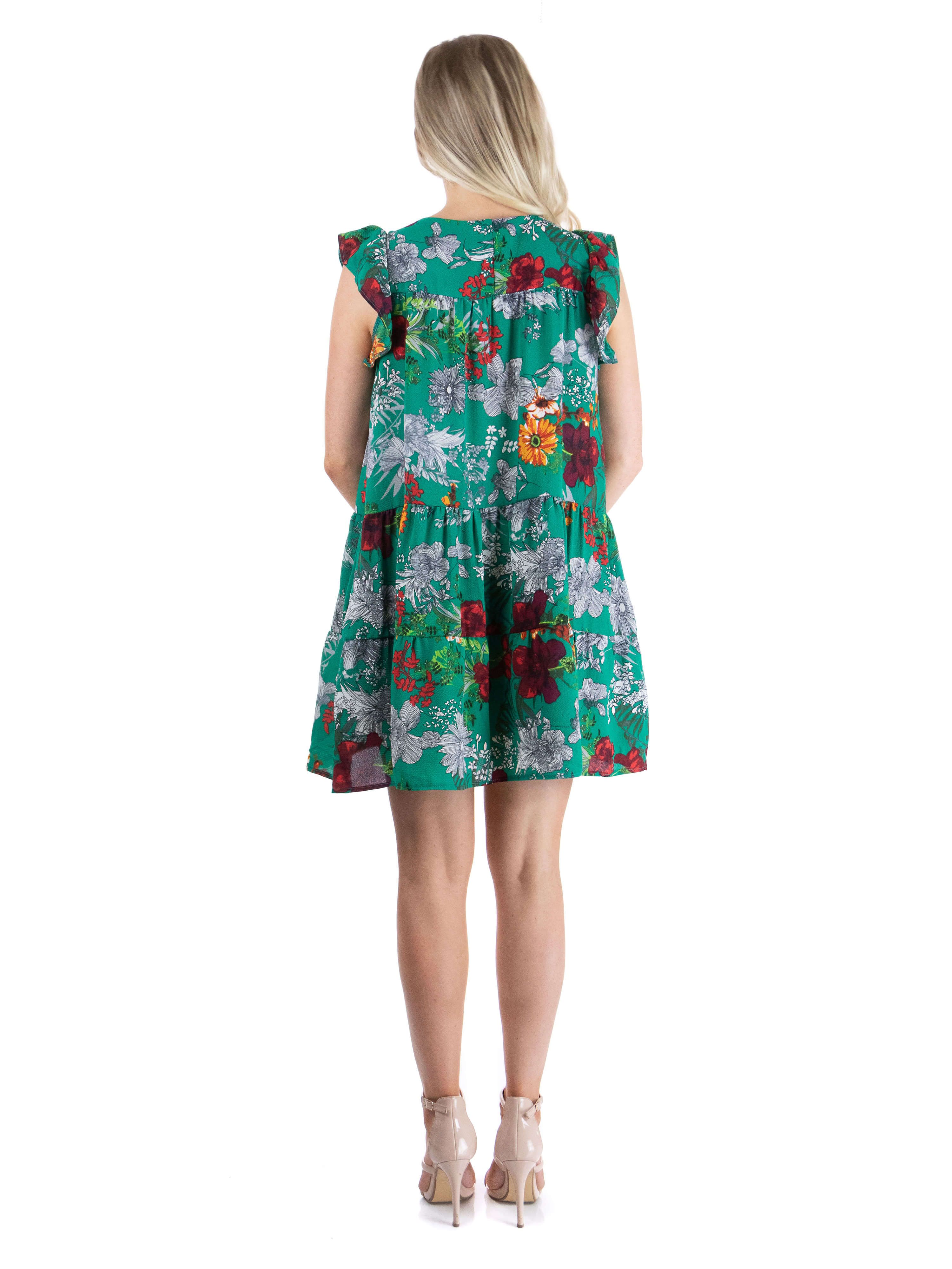 Womens Green Floral Ruffle Sleeve Dress sold by 24/7 Comfort Apparel product image thumbnail 3