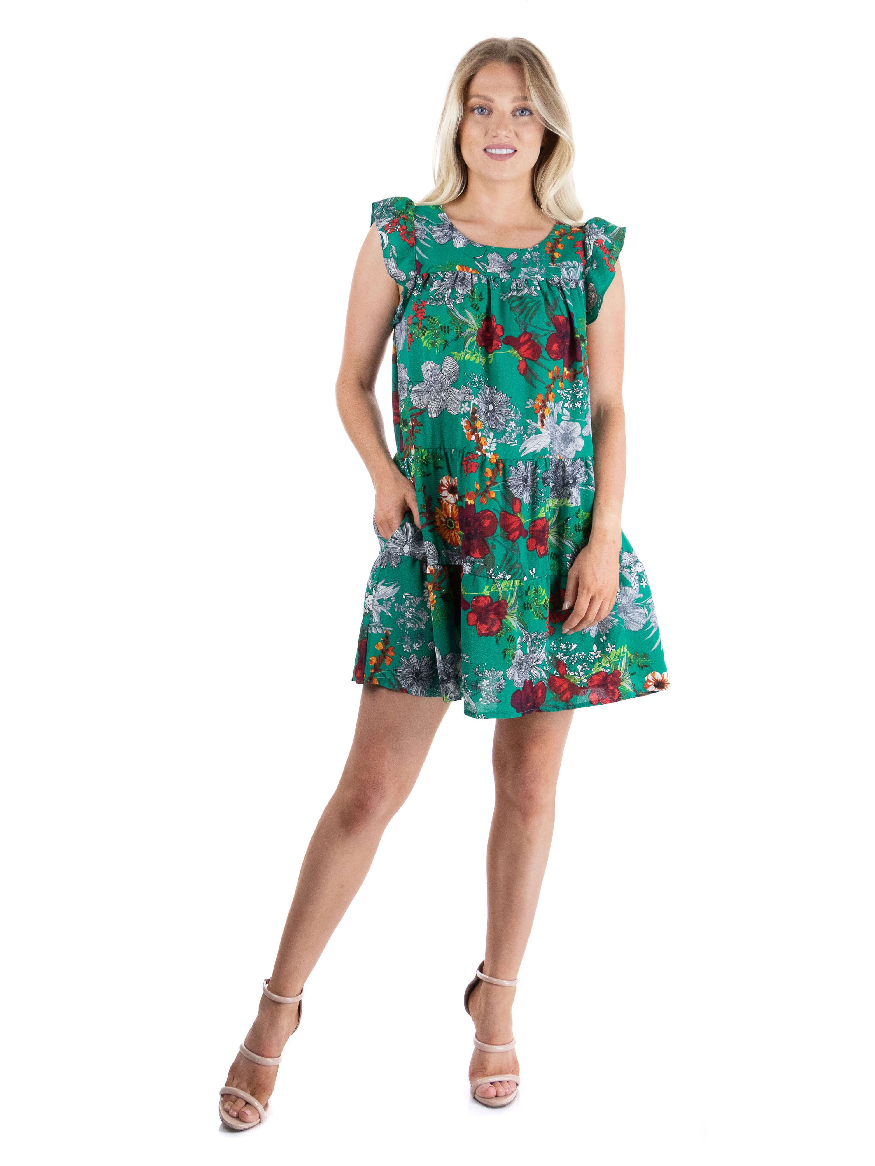 Womens Green Floral Ruffle Sleeve Dress sold by 24/7 Comfort Apparel