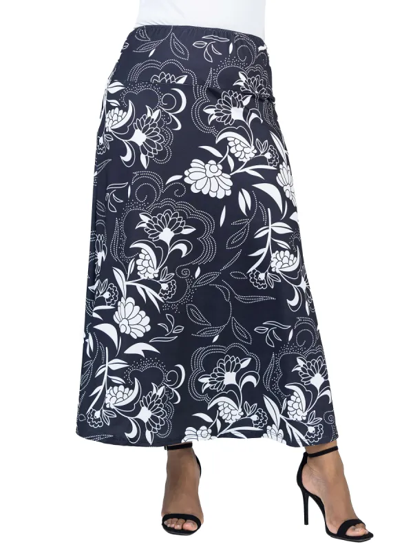 Black and White Floral Plus Size Elastic Waist Ankle Length Comfortable Maxi Skirt sold by 24/7 Comfort Apparel
