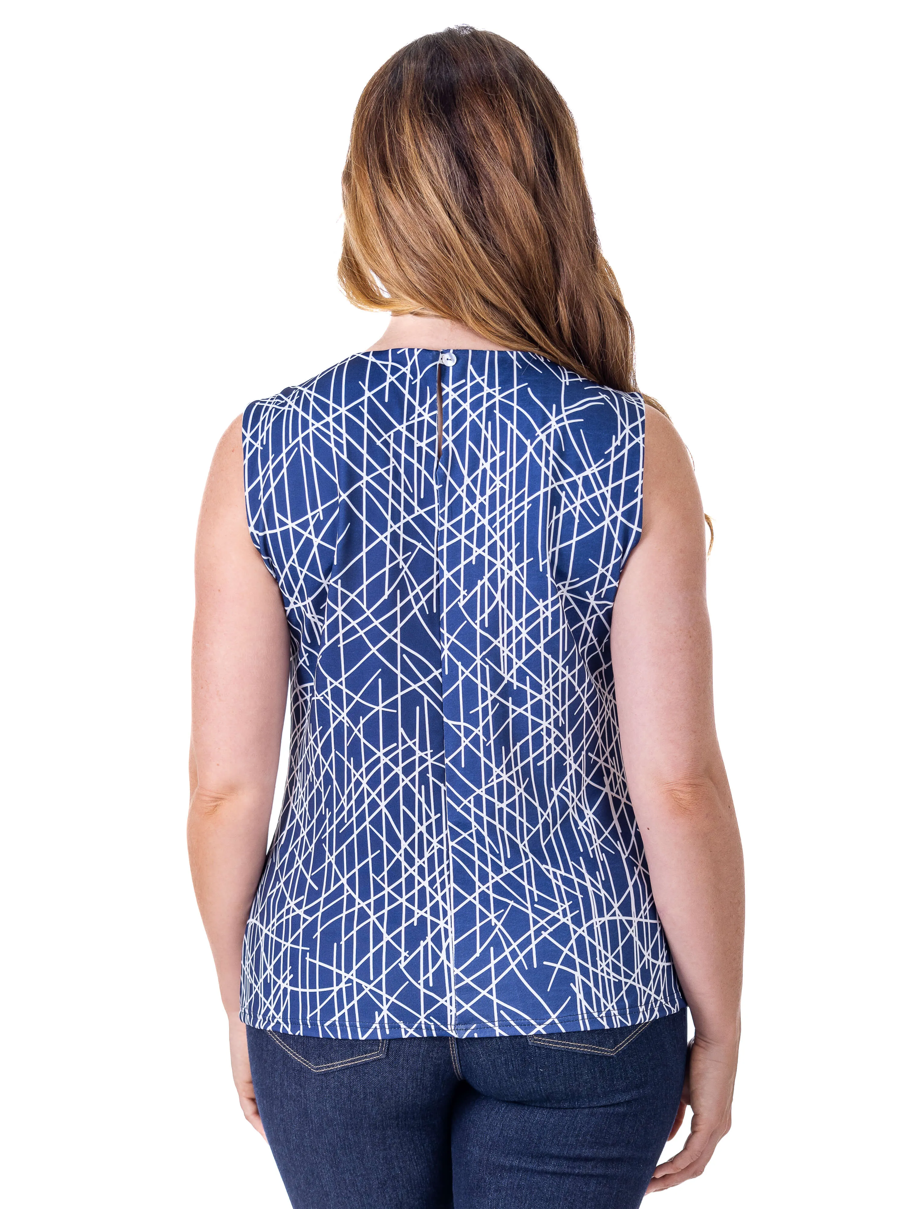 Womens Navy Print Pleated Crew Neckline Back Closure Sleeveless Top sold by 24/7 Comfort Apparel product image thumbnail 4