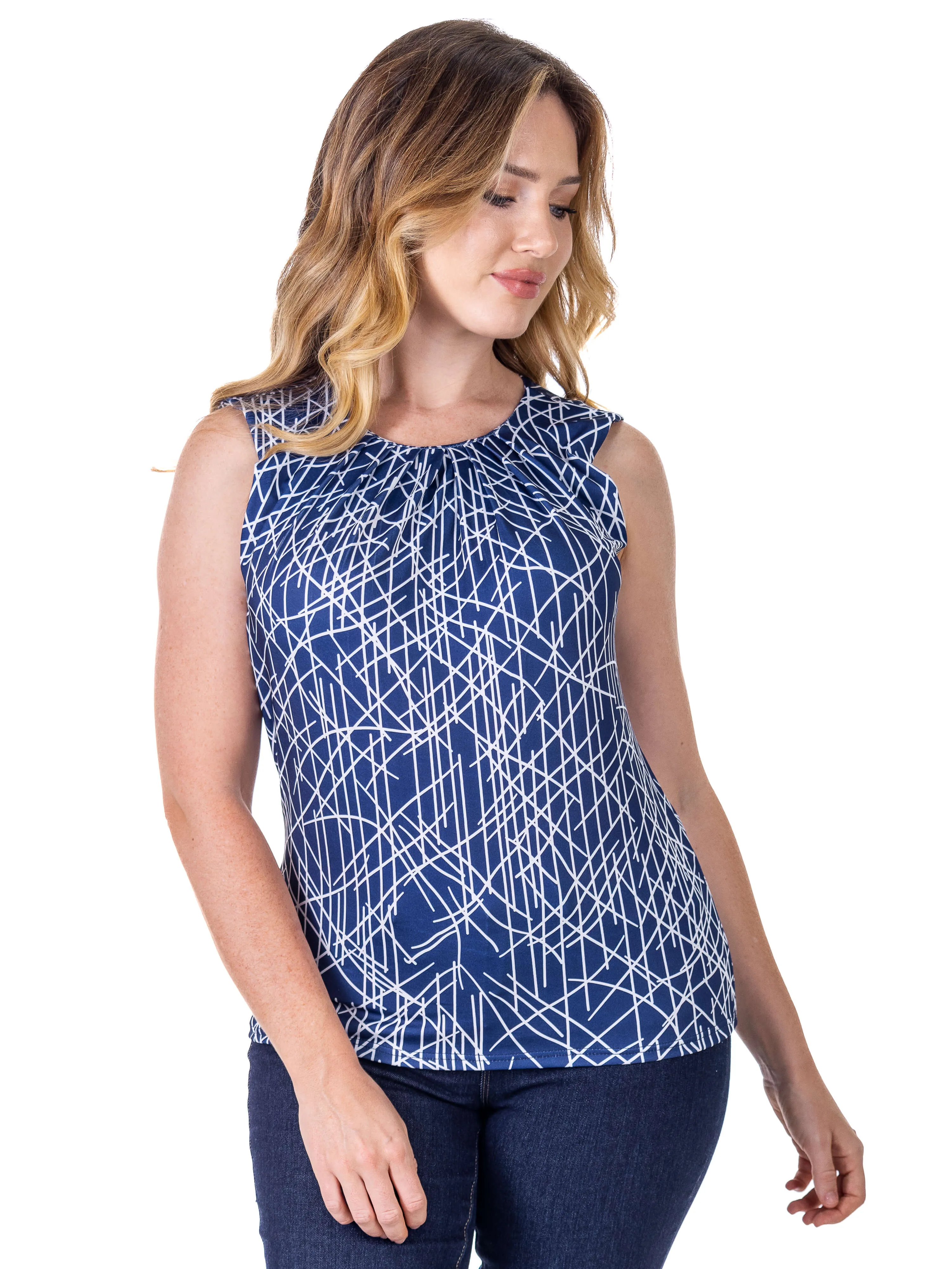 Womens Navy Print Pleated Crew Neckline Back Closure Sleeveless Top sold by 24/7 Comfort Apparel product image thumbnail 5