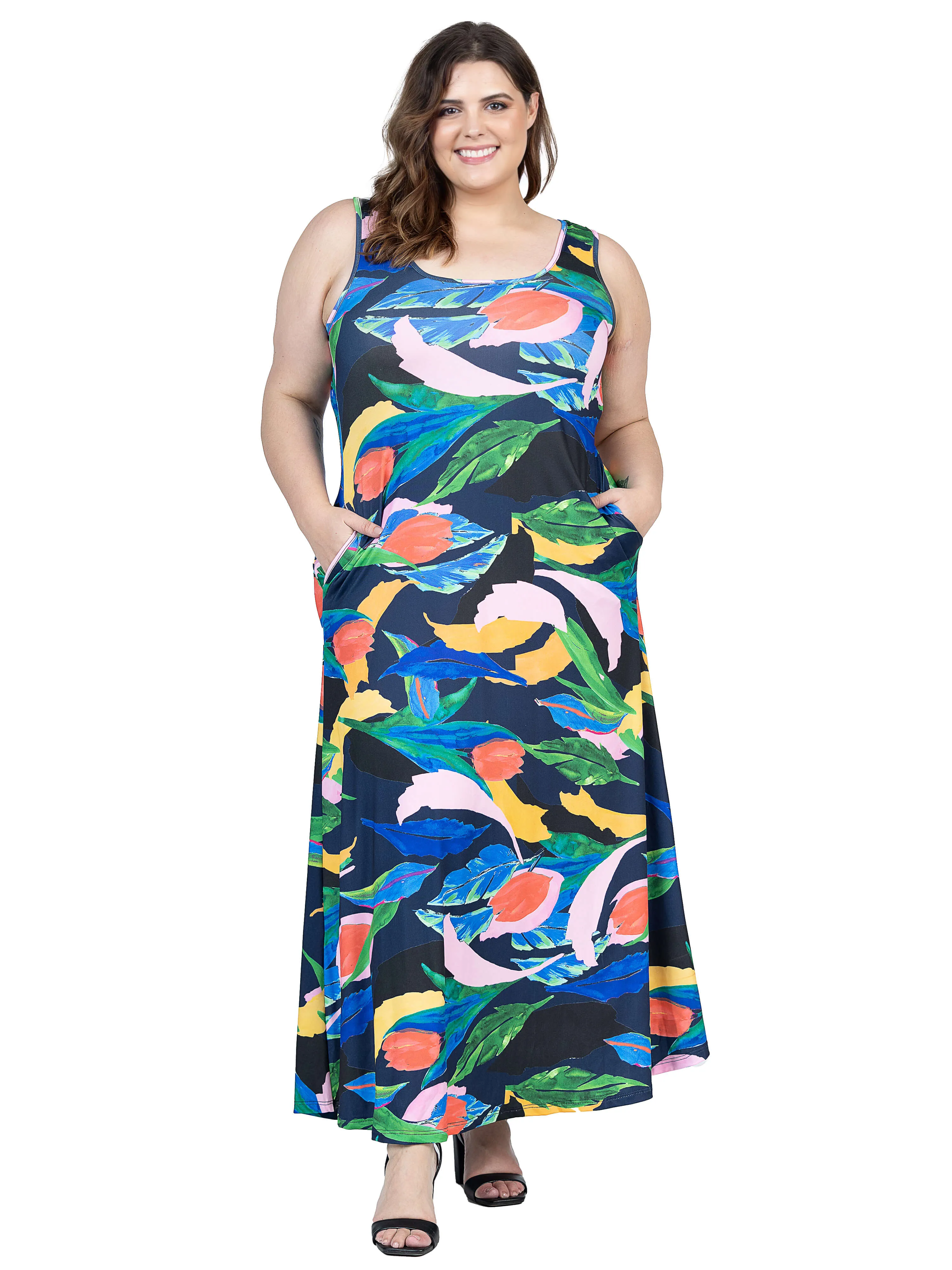 Plus Size Teal Floral Print Sleeveless Casual Maxi Dress With Pockets sold by 24/7 Comfort Apparel