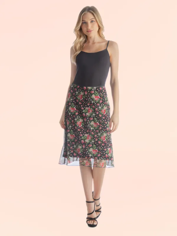 Black Floral Sheer Overlay Elastic Waist Knee Length Skirt sold by 24/7 Comfort Apparel