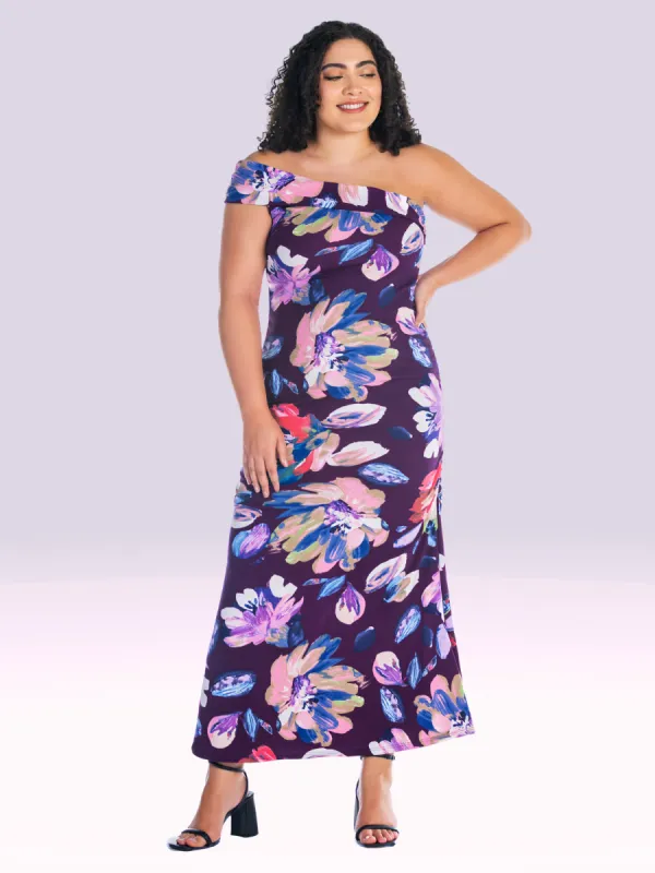 Purple Floral One Shoulder Rouched Mermaid Plus Size Maxi Dress sold by 24/7 Comfort Apparel