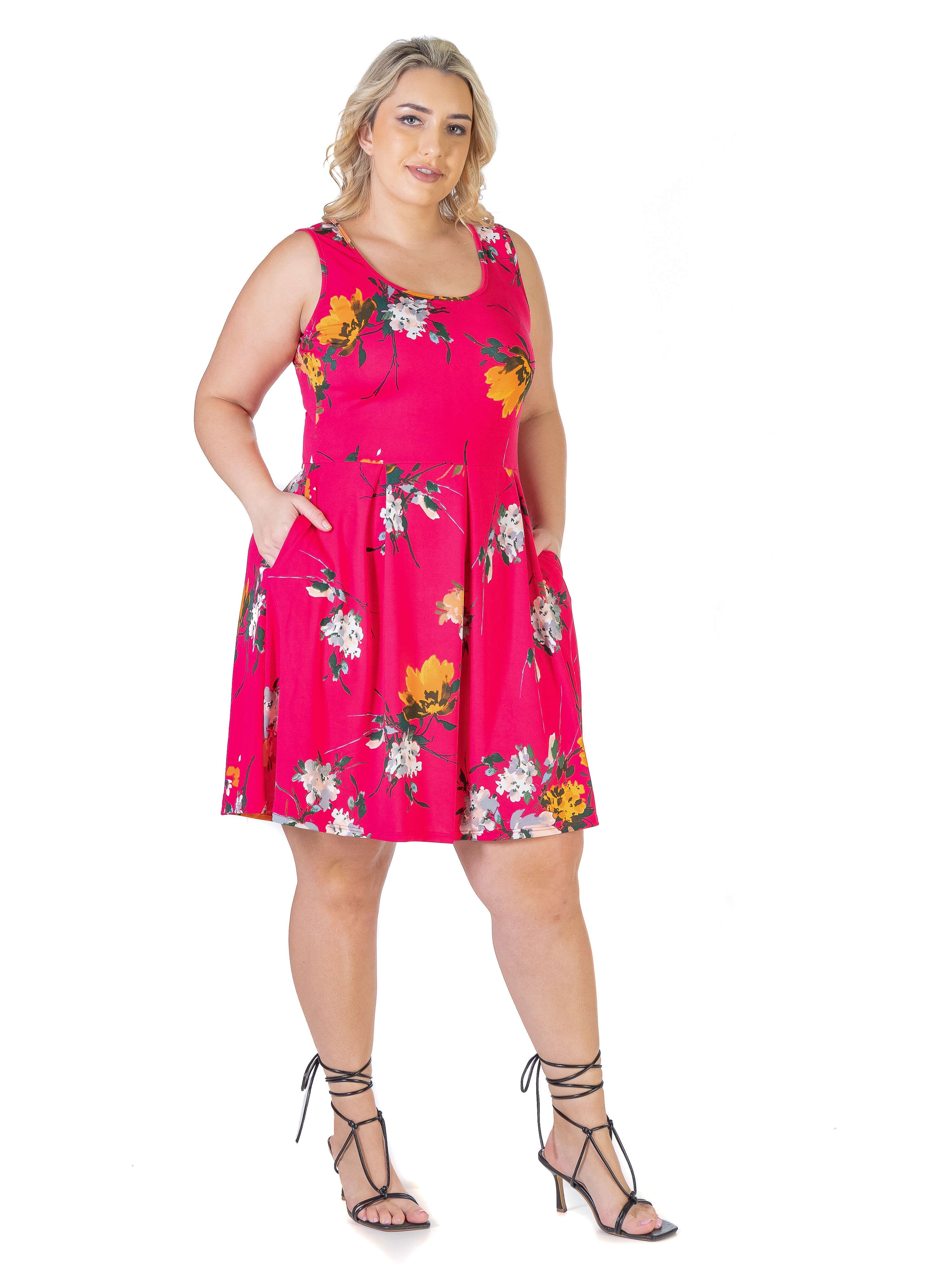 Floral Fuchsia Plus Size Sleeveless Knee Length Pocket Dress sold by 24/7 Comfort Apparel product image thumbnail 3