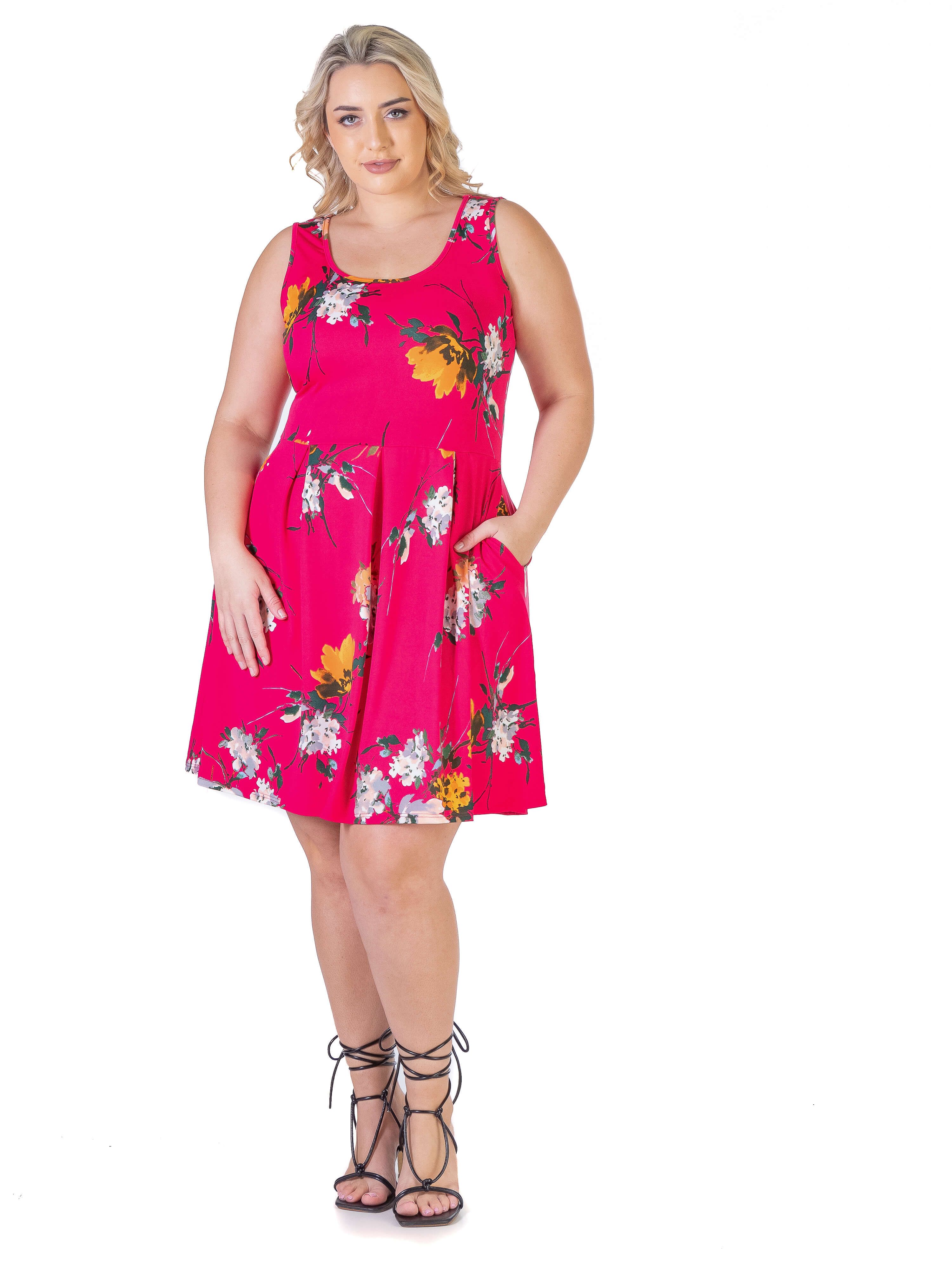 Floral Fuchsia Plus Size Sleeveless Knee Length Pocket Dress sold by 24/7 Comfort Apparel product image thumbnail 2