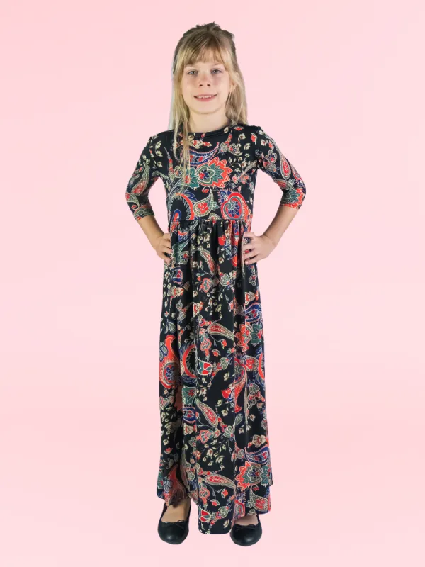 24seven Comfort Apparel Girls Black and Red Paisley Three Quarter Sleeve Pleated Maxi Dress sold by 24/7 Comfort Apparel