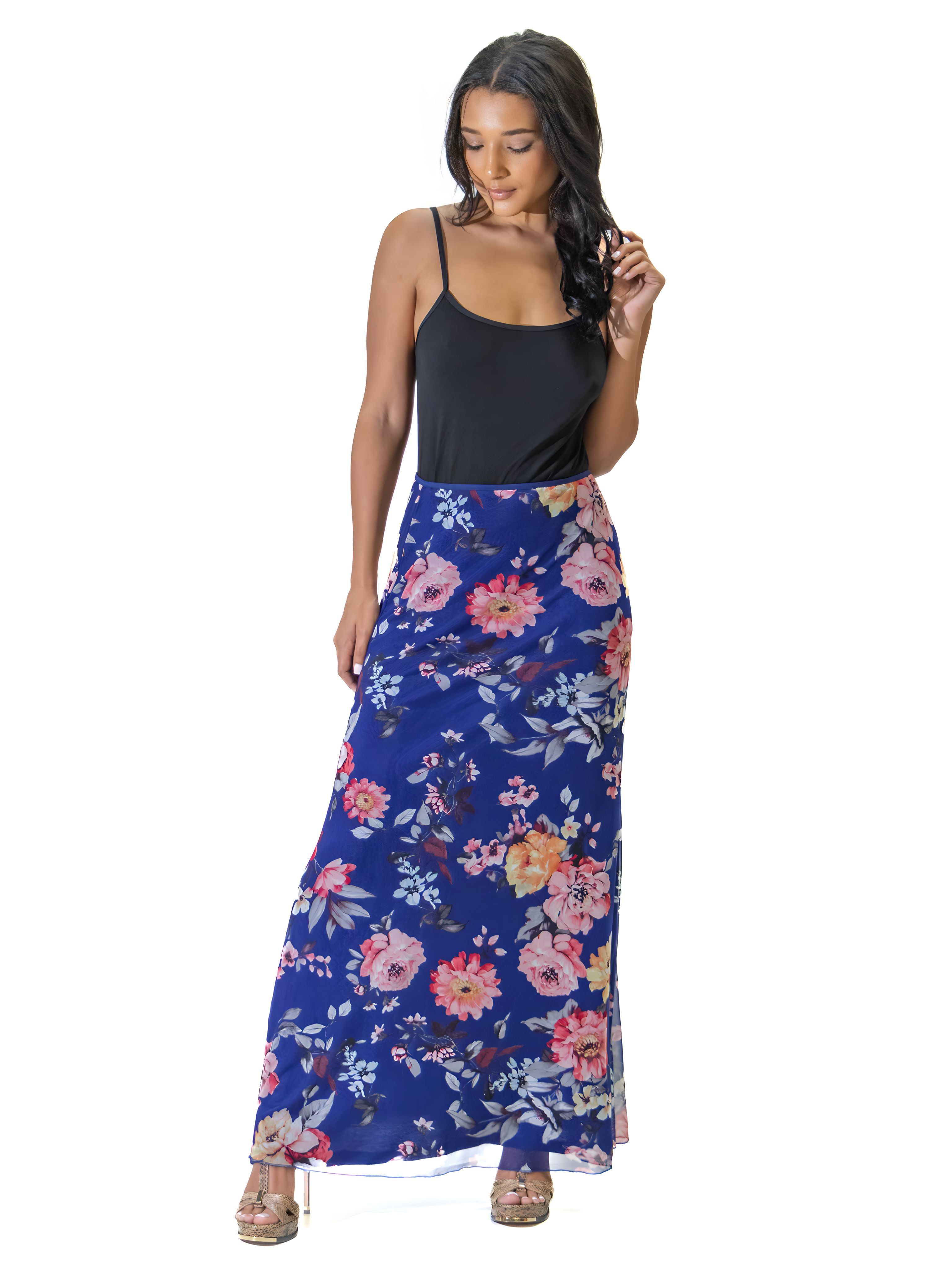 Navy Floral Print Sheer Overlay Elastic Waist Maxi Skirt sold by 24/7 Comfort Apparel product image thumbnail 4