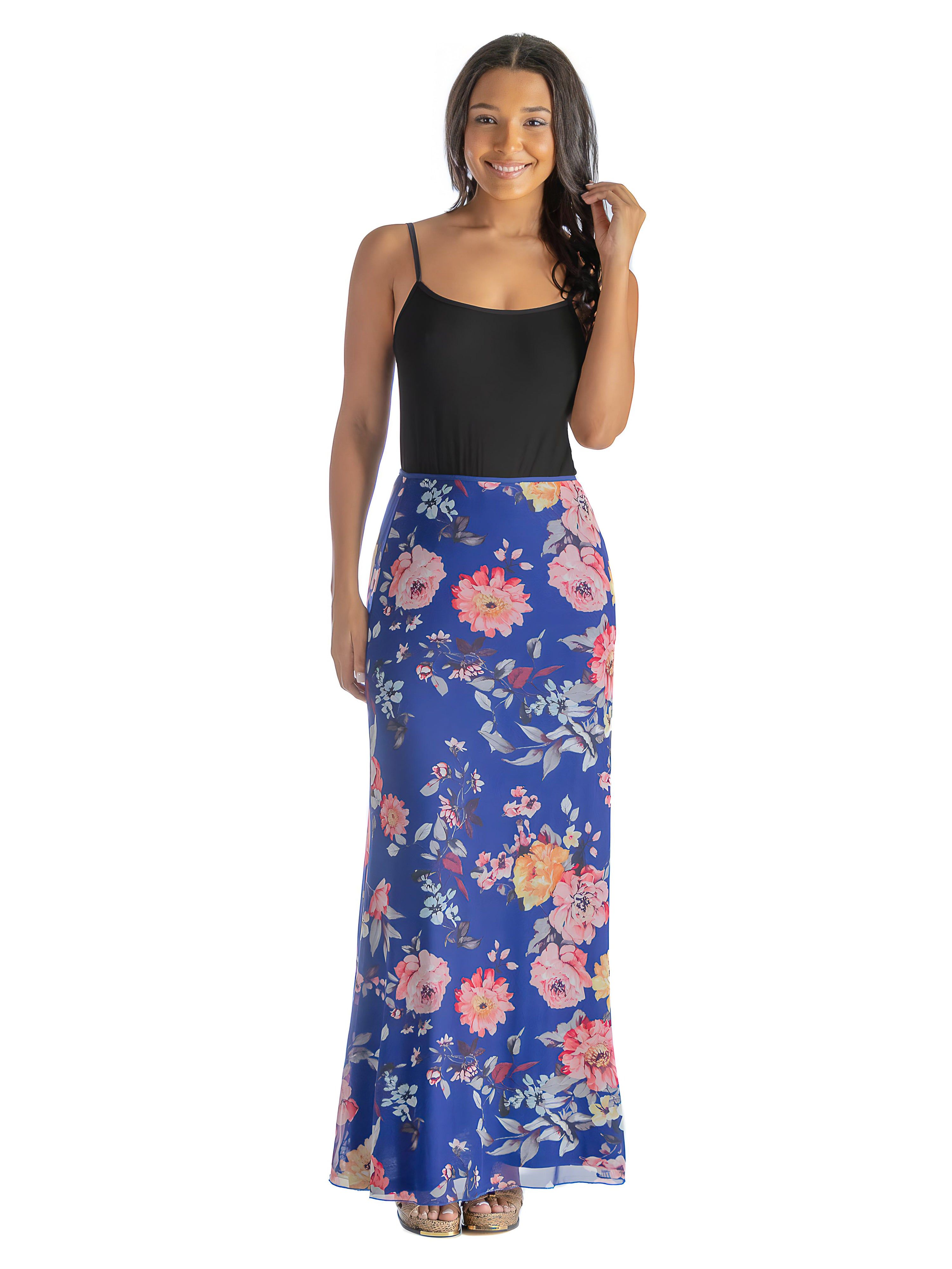 Navy Floral Print Sheer Overlay Elastic Waist Maxi Skirt sold by 24/7 Comfort Apparel