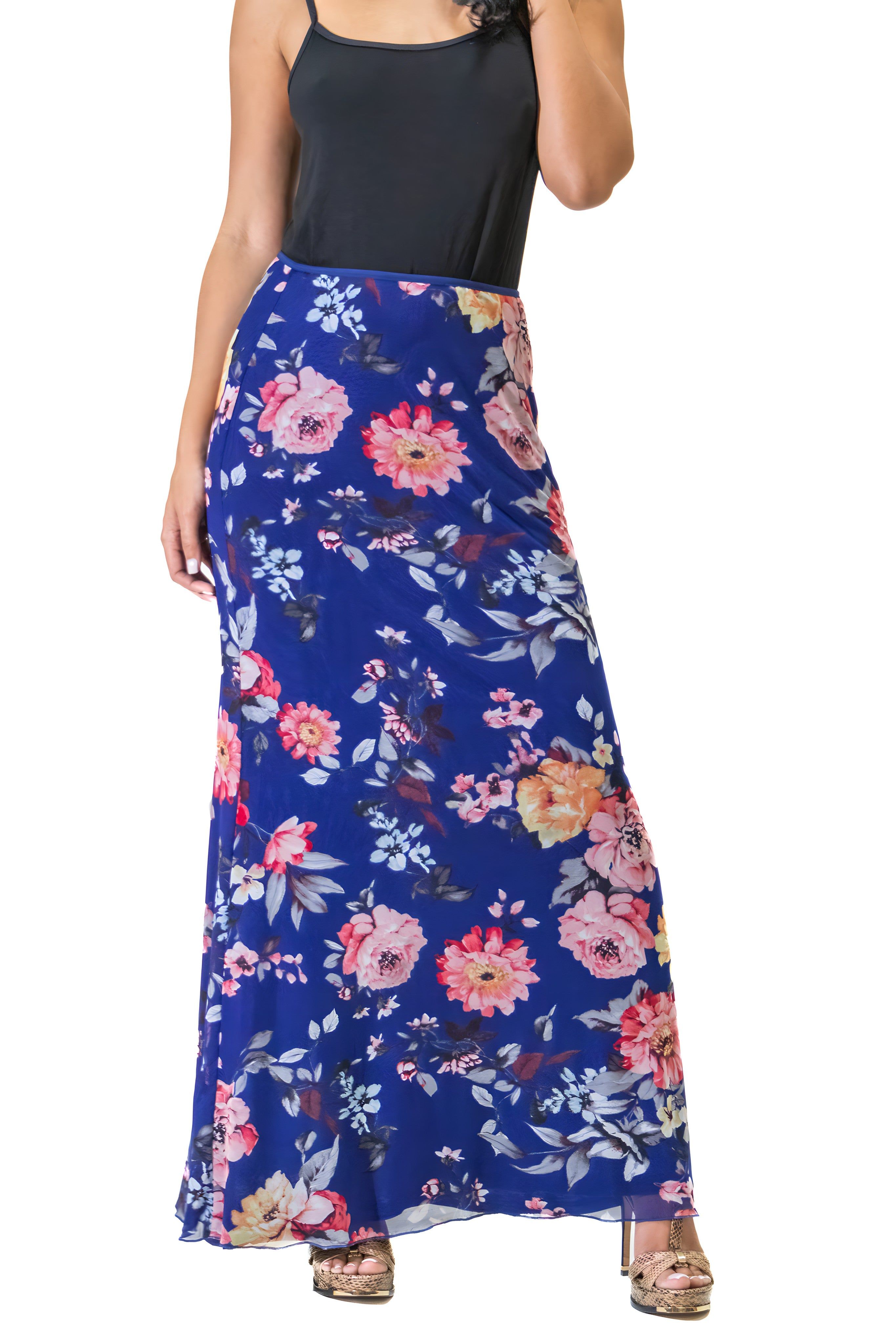 Navy Floral Print Sheer Overlay Elastic Waist Maxi Skirt sold by 24/7 Comfort Apparel product image thumbnail 5