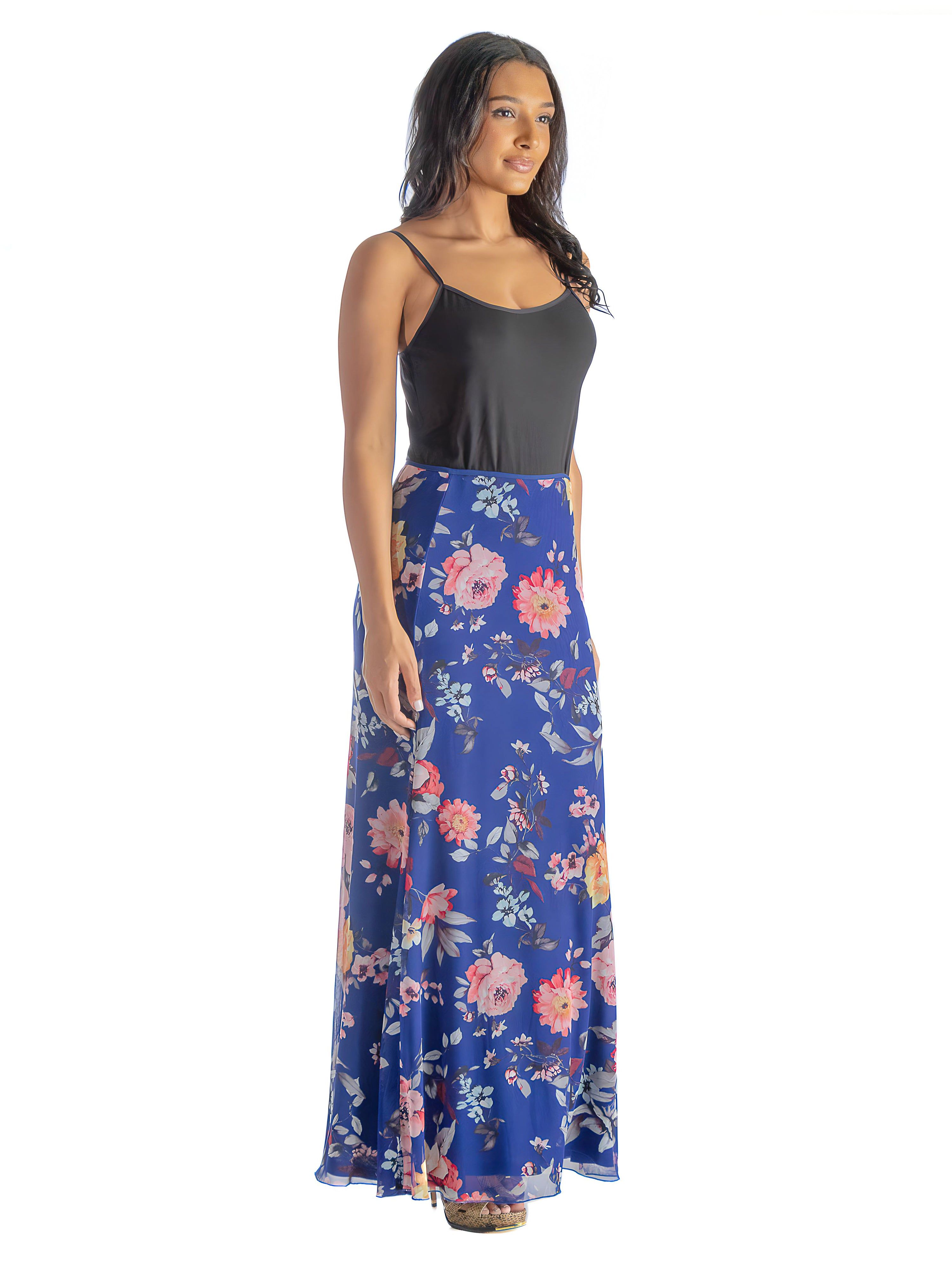 Navy Floral Print Sheer Overlay Elastic Waist Maxi Skirt sold by 24/7 Comfort Apparel product image thumbnail 2