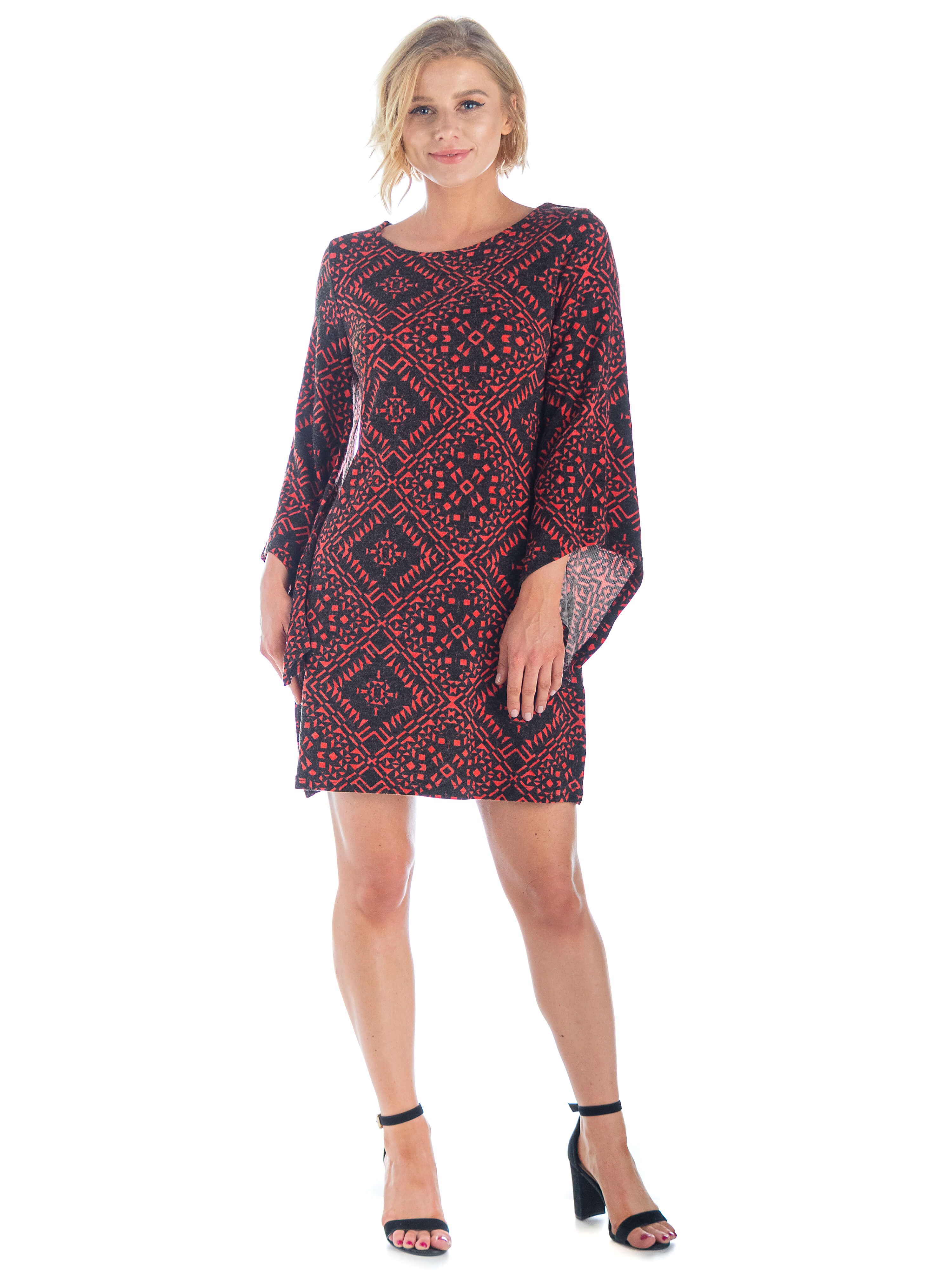 24seven Comfort Apparel Red Geometric Print Bell Sleeve Mini Dress sold by 24/7 Comfort Apparel