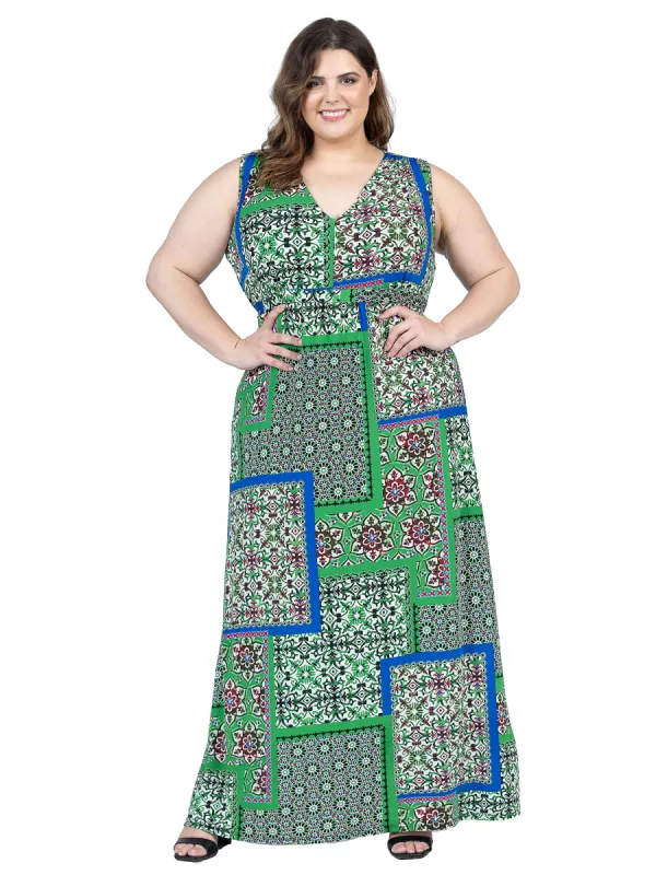Plus Size Green Scarf Print V Neck Empire Waist Sleeveless Maxi Dress sold by 24/7 Comfort Apparel