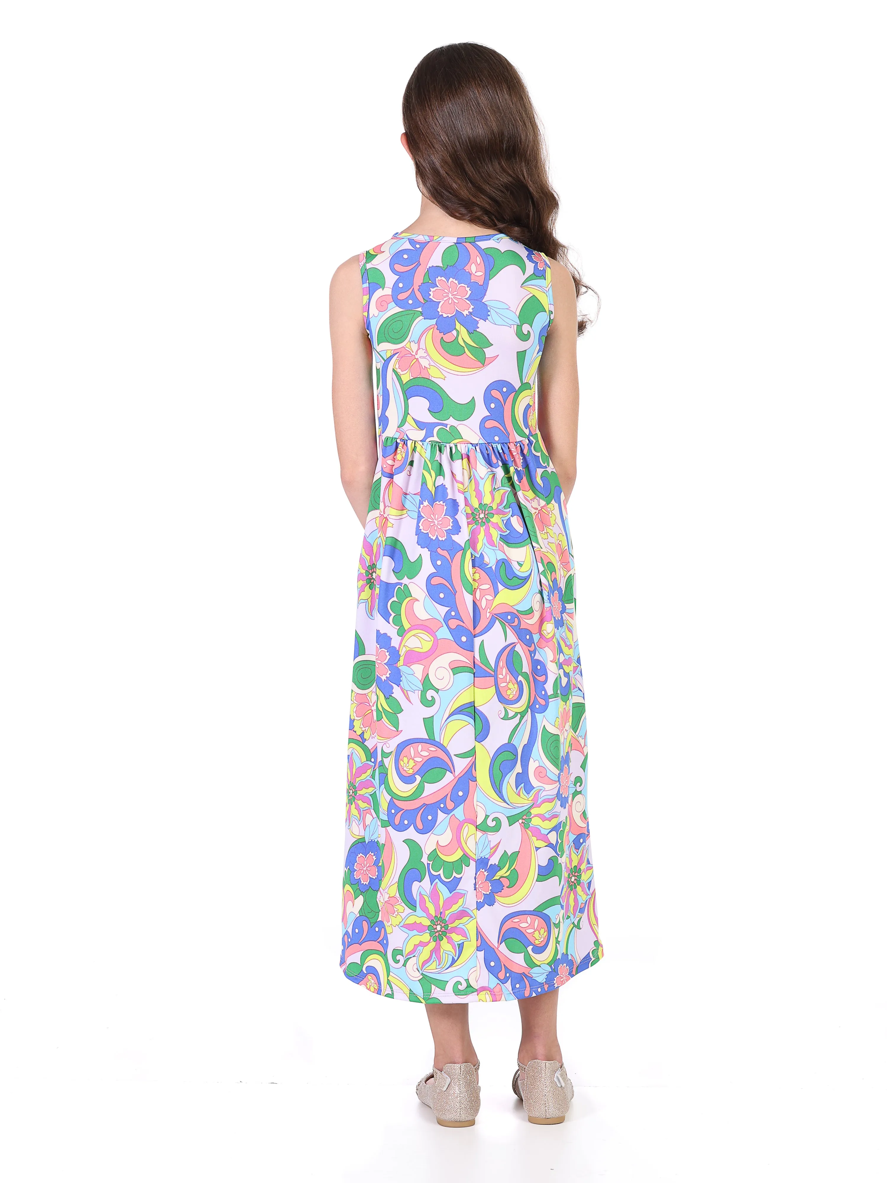 24seven Comfort Apparel Pastel Floral Print Sleeveless Girls Pocket Maxi Dress sold by 24/7 Comfort Apparel product image thumbnail 3
