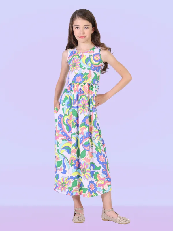 24seven Comfort Apparel Pastel Floral Print Sleeveless Girls Pocket Maxi Dress sold by 24/7 Comfort Apparel