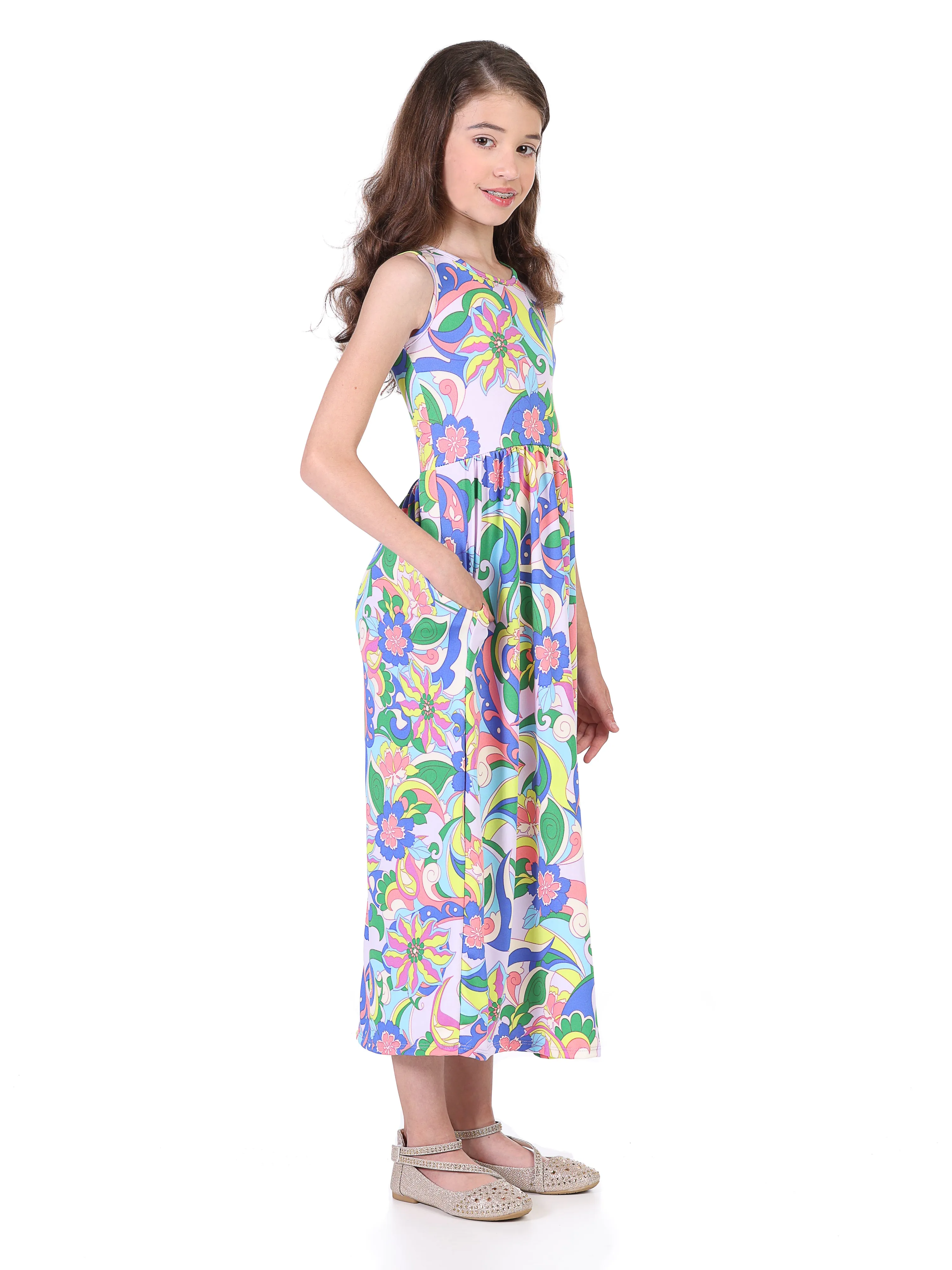 24seven Comfort Apparel Pastel Floral Print Sleeveless Girls Pocket Maxi Dress sold by 24/7 Comfort Apparel product image thumbnail 2