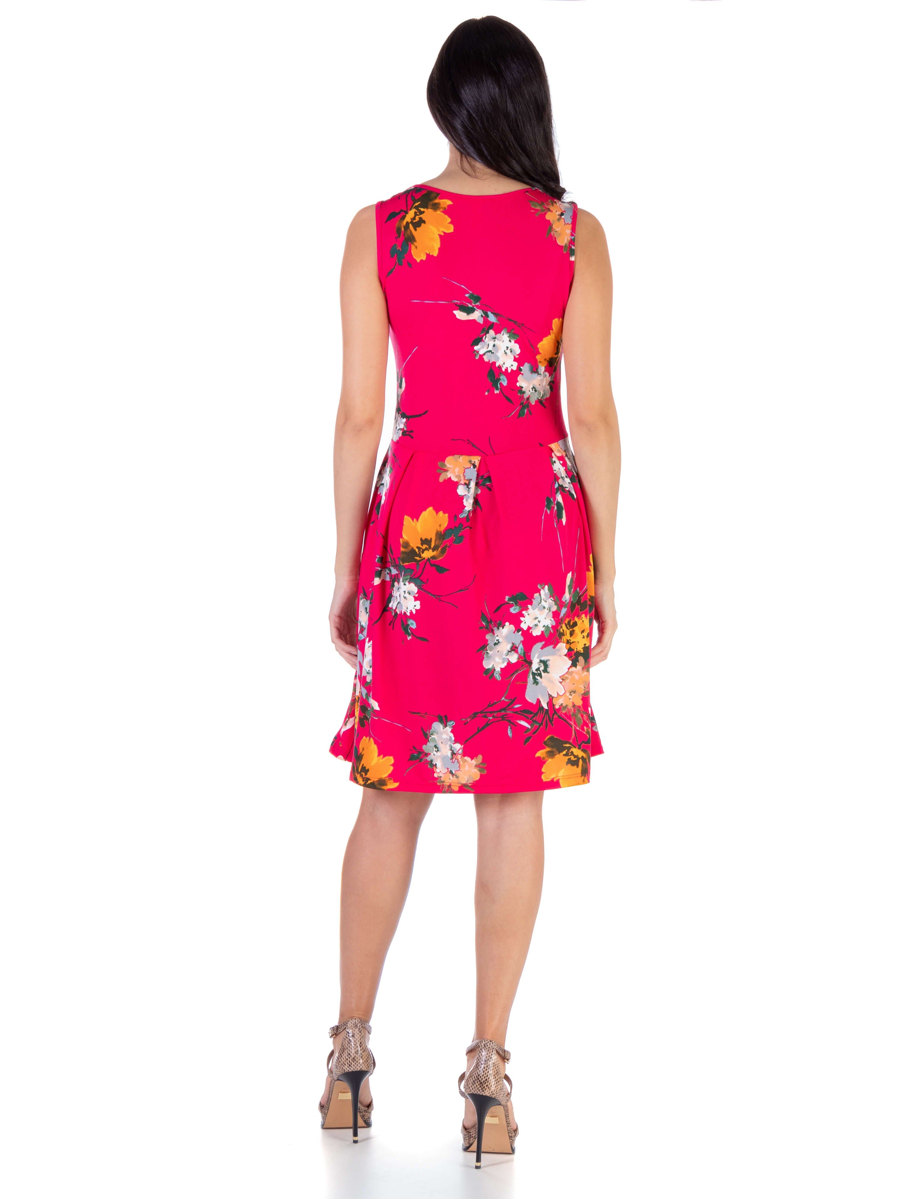 Floral Fuchsia Sleeveless Pleated Knee Length Pocket Dress sold by 24/7 Comfort Apparel product image thumbnail 3