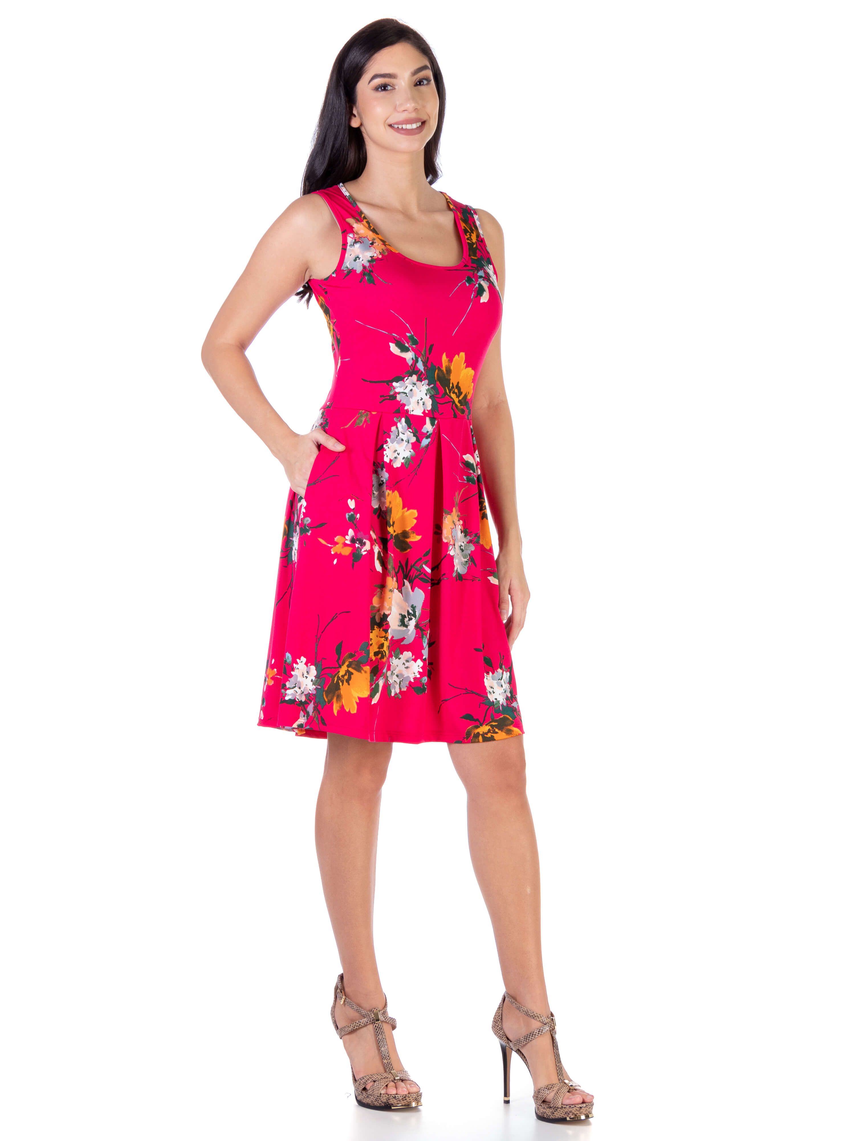 Floral Fuchsia Sleeveless Pleated Knee Length Pocket Dress sold by 24/7 Comfort Apparel product image thumbnail 2