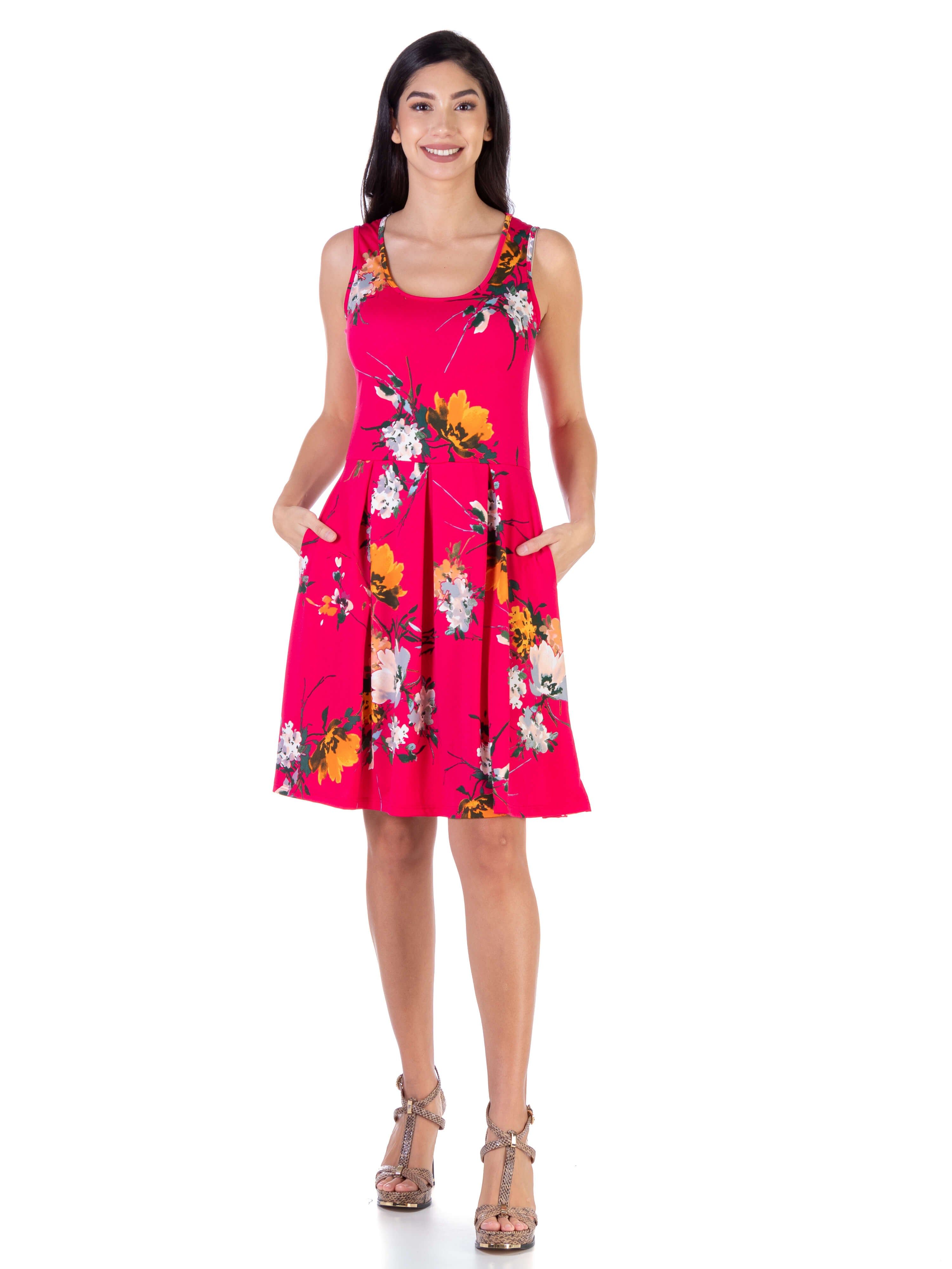 Floral Fuchsia Sleeveless Pleated Knee Length Pocket Dress sold by 24/7 Comfort Apparel