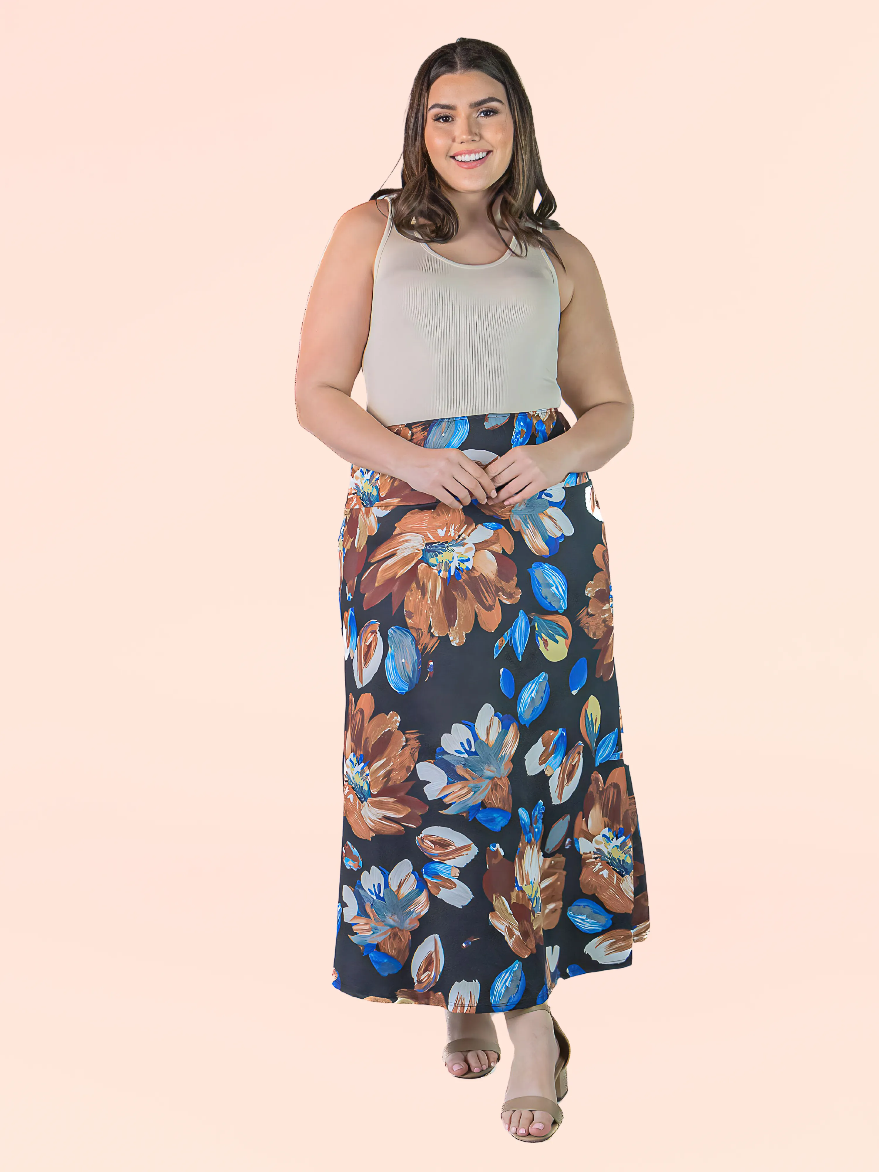 Plus Size Black Floral Print Elastic Waist Comfortable Ankle Length Maxi Skirt sold by 24/7 Comfort Apparel