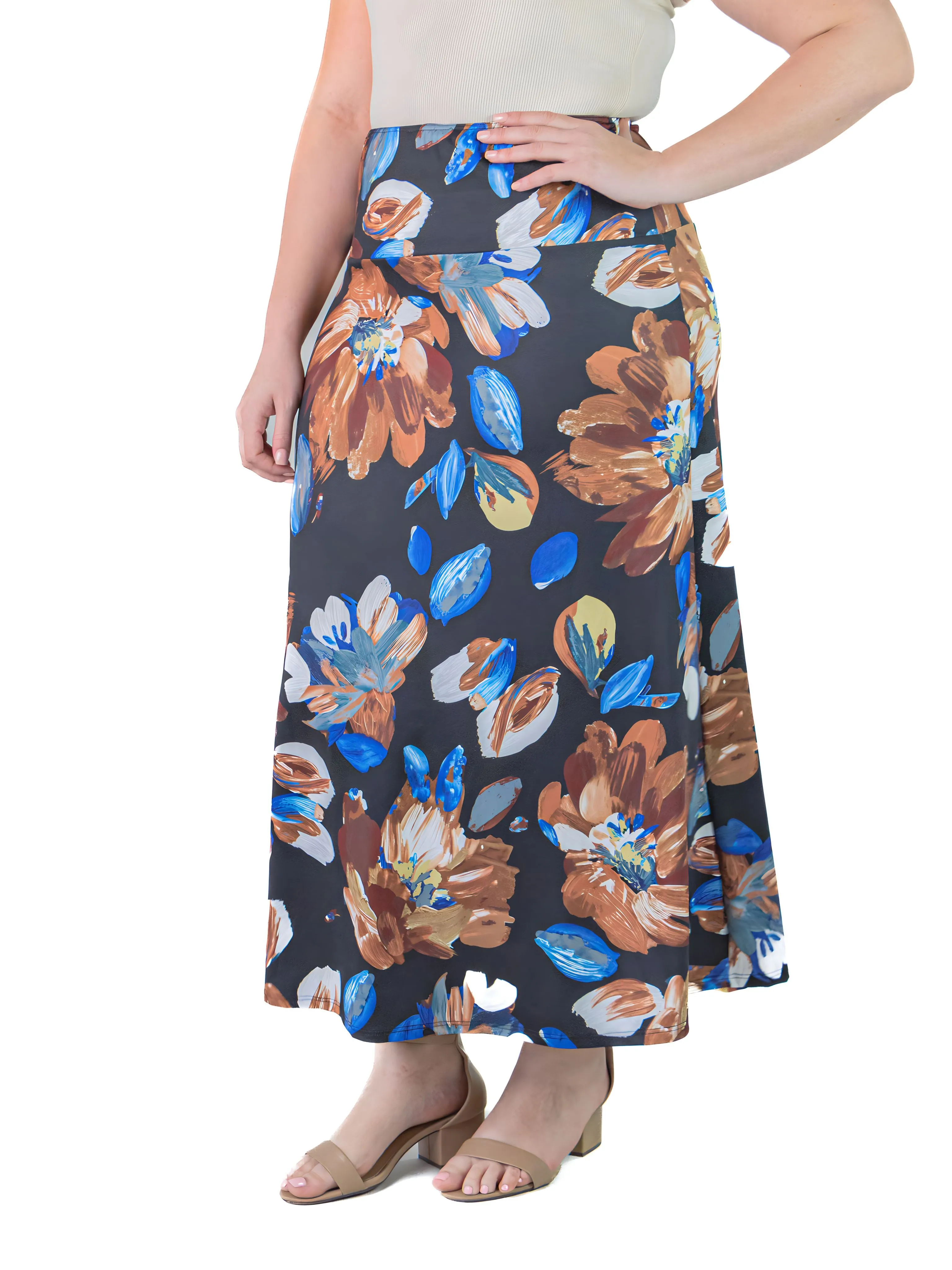 Plus Size Black Floral Print Elastic Waist Comfortable Ankle Length Maxi Skirt sold by 24/7 Comfort Apparel product image thumbnail 2