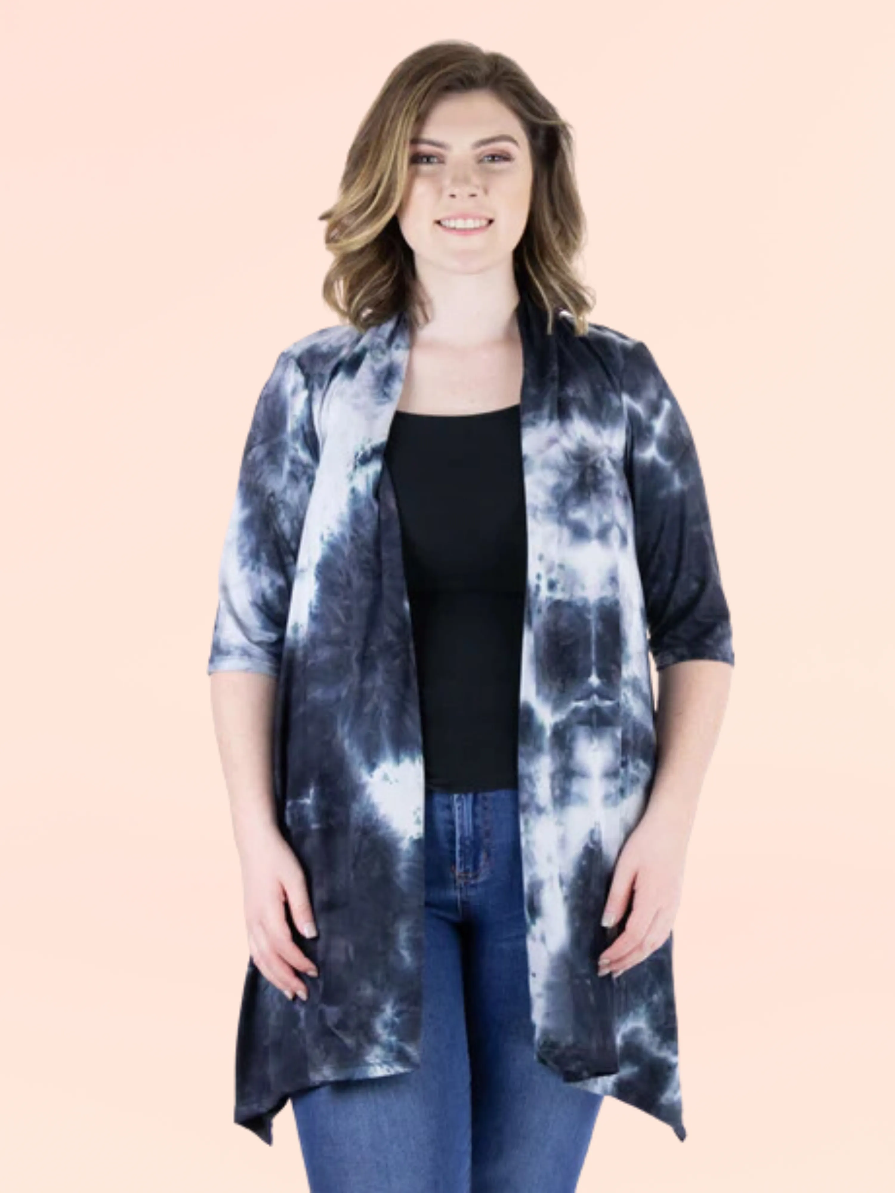 Tie Dye Elbow Sleeve Open Front Plus Size Cardigan sold by 24/7 Comfort Apparel