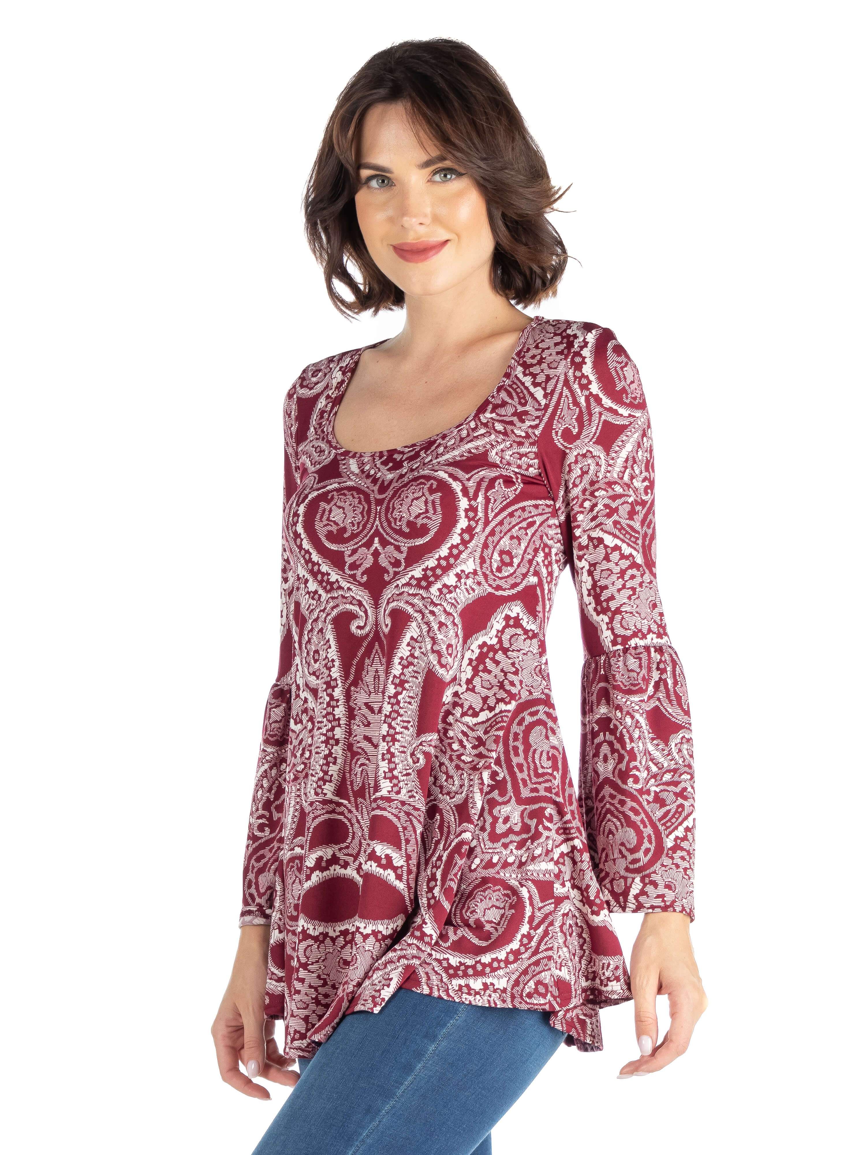 Wine Paisley Trumpet Sleeve Tunic Top sold by 24/7 Comfort Apparel product image thumbnail 2