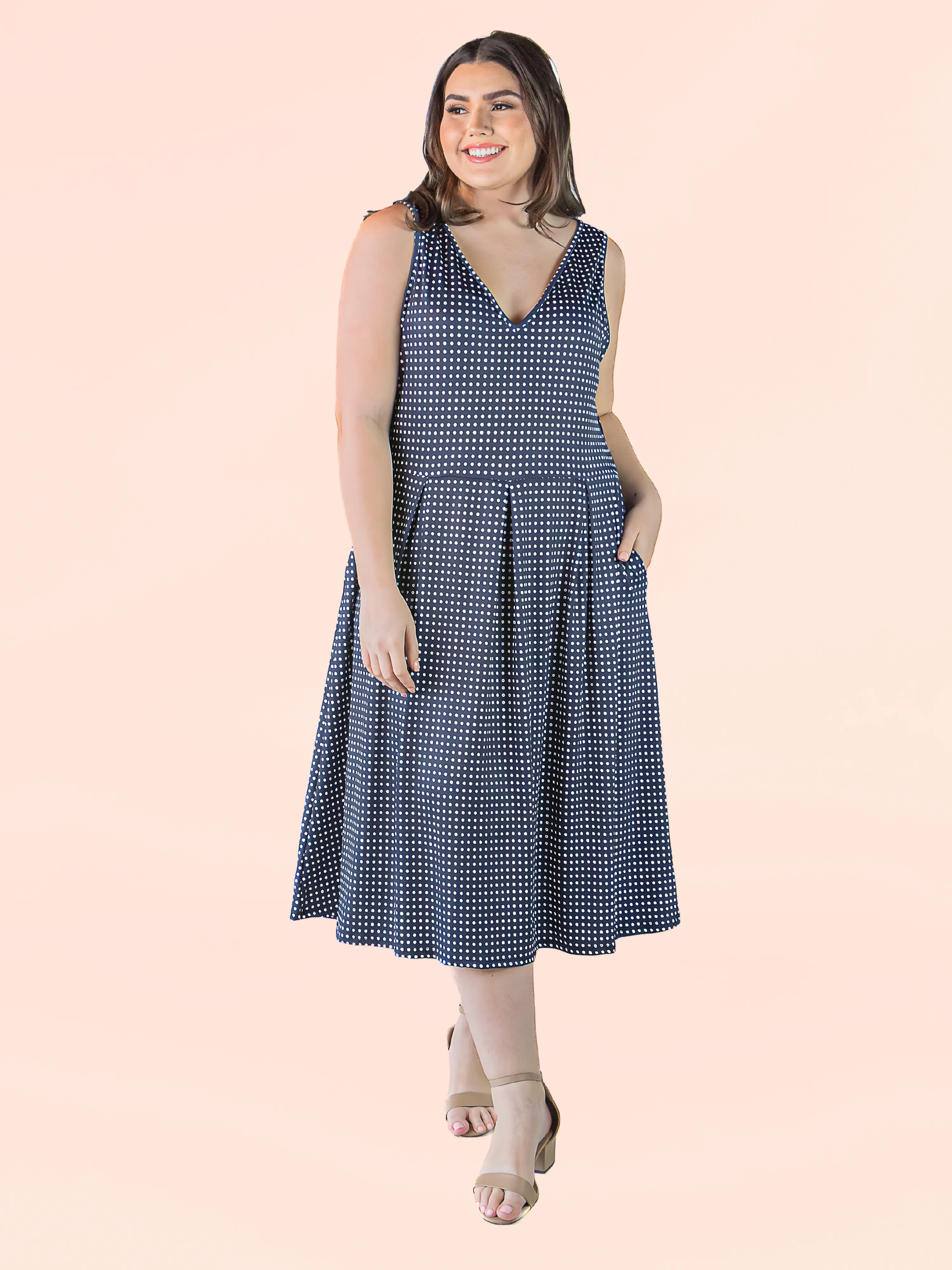 Plus Size Sleeveless Navy Polka Dot Midi Length Fit and Flare Pocket Dress sold by 24/7 Comfort Apparel
