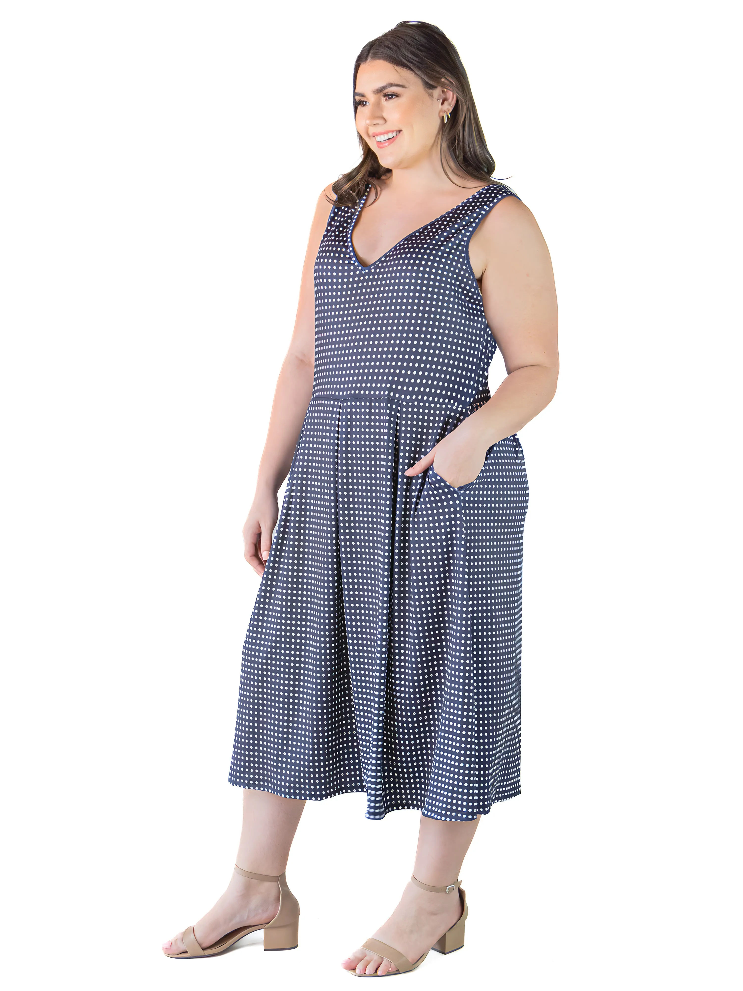 Plus Size Sleeveless Navy Polka Dot Midi Length Fit and Flare Pocket Dress sold by 24/7 Comfort Apparel product image thumbnail 2