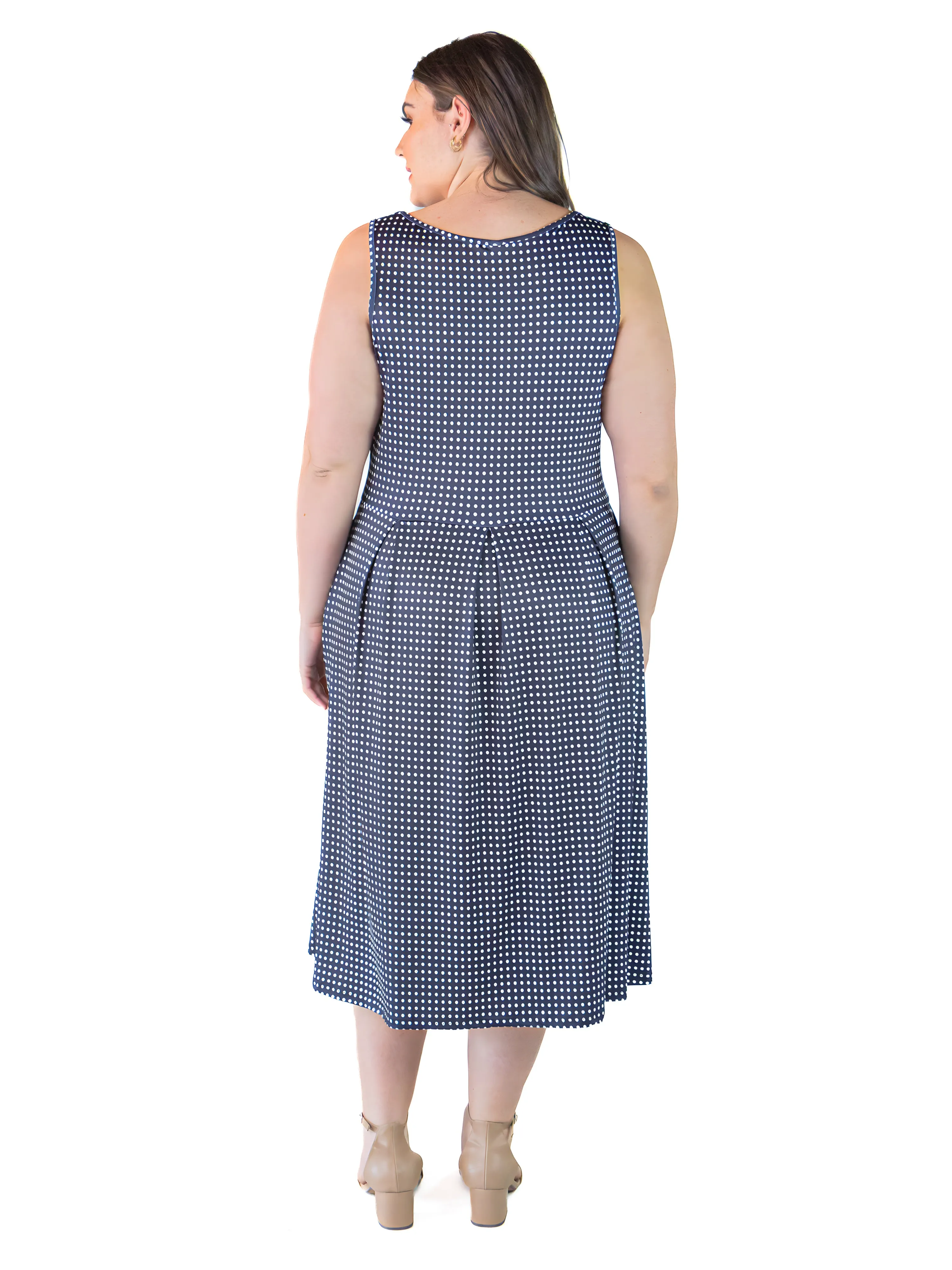 Plus Size Sleeveless Navy Polka Dot Midi Length Fit and Flare Pocket Dress sold by 24/7 Comfort Apparel product image thumbnail 3