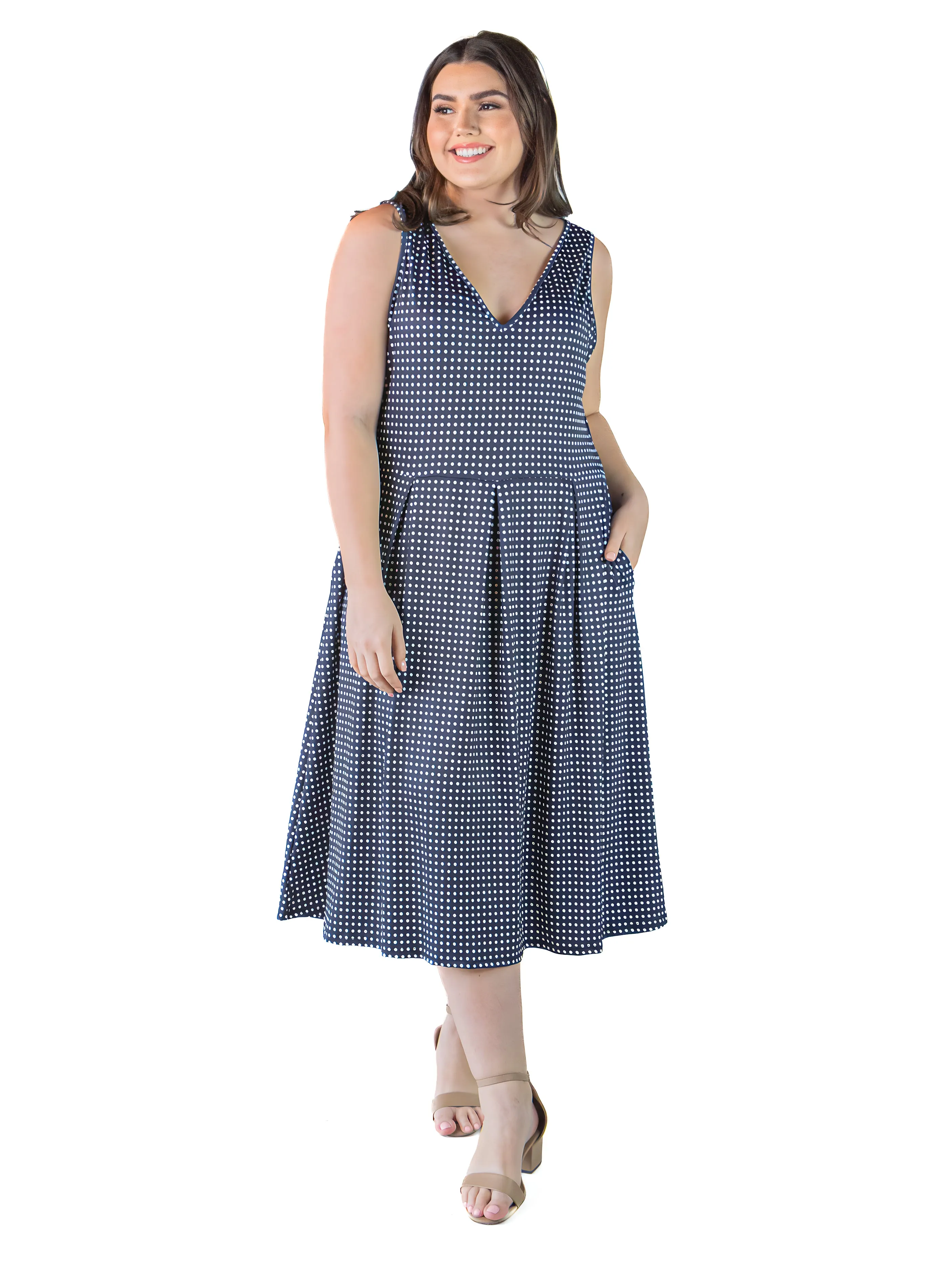Plus Size Sleeveless Navy Polka Dot Midi Length Fit and Flare Pocket Dress sold by 24/7 Comfort Apparel product image thumbnail 4