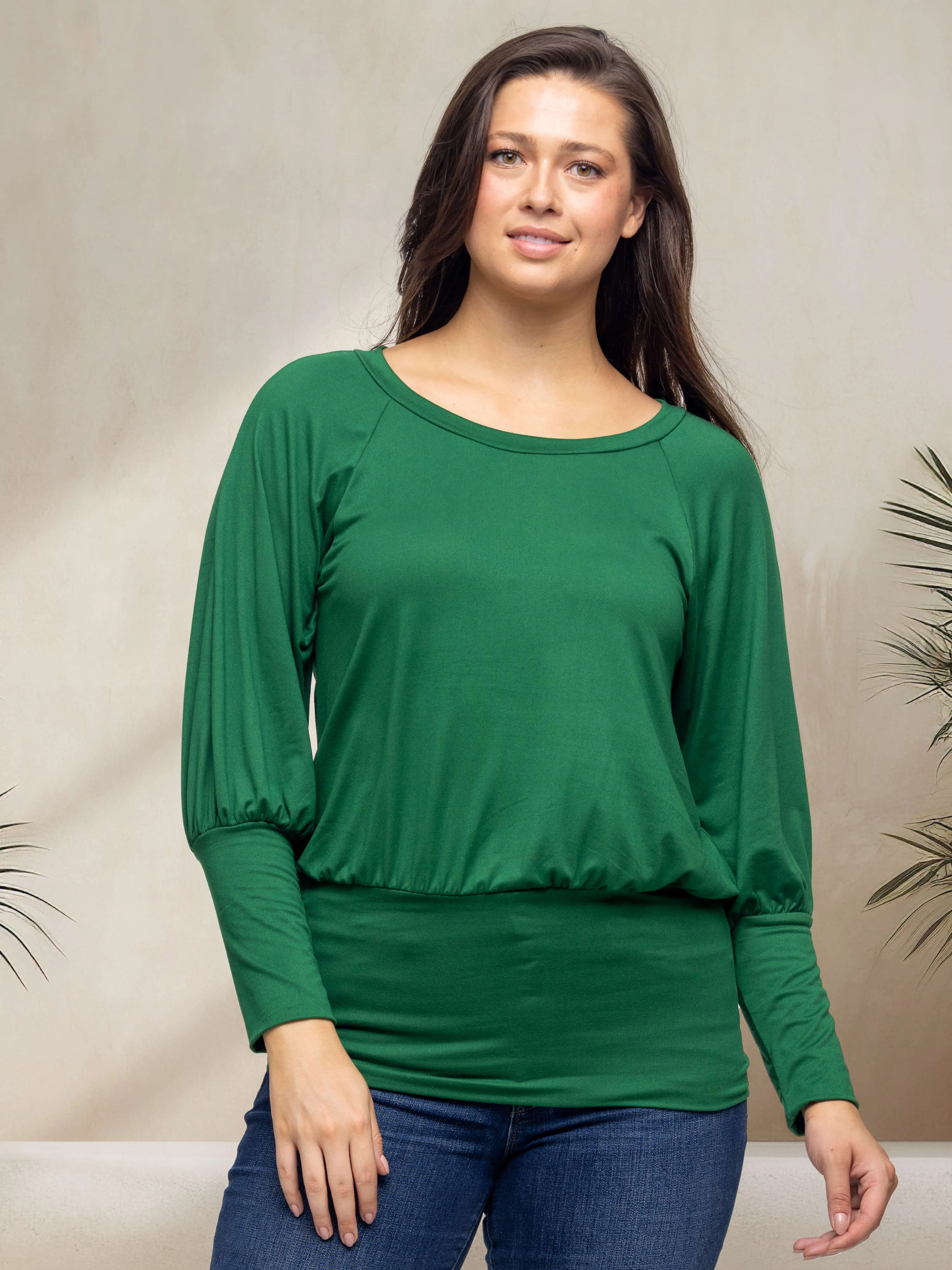 Round Neck Long Blouson Sleeve Banded Bottom Top sold by 24/7 Comfort Apparel
