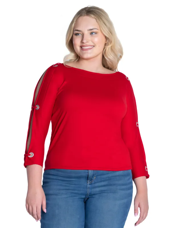 Three Quarter Sleeve Boatneck Cold Shoulder Plus Size Top with Grommet Detail sold by 24/7 Comfort Apparel