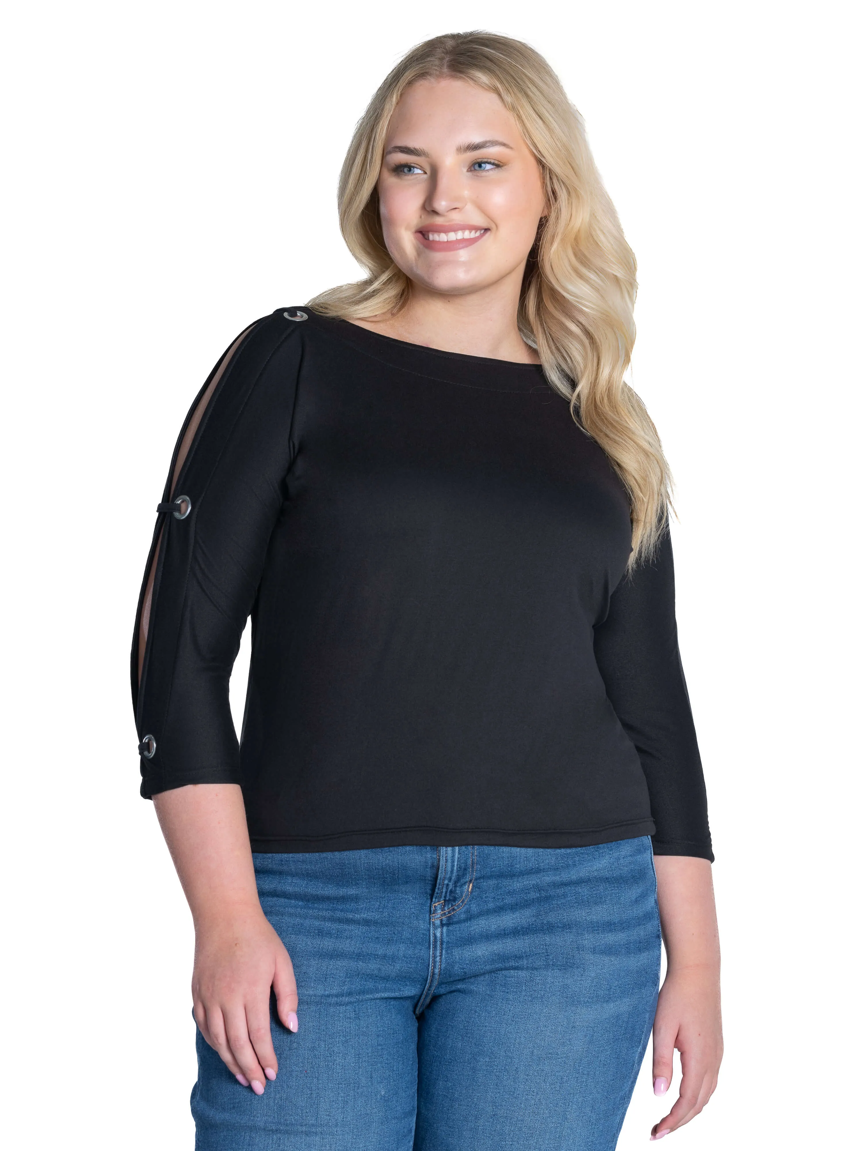 Three Quarter Sleeve Boatneck Cold Shoulder Plus Size Top with Grommet Detail sold by 24/7 Comfort Apparel product image thumbnail 2