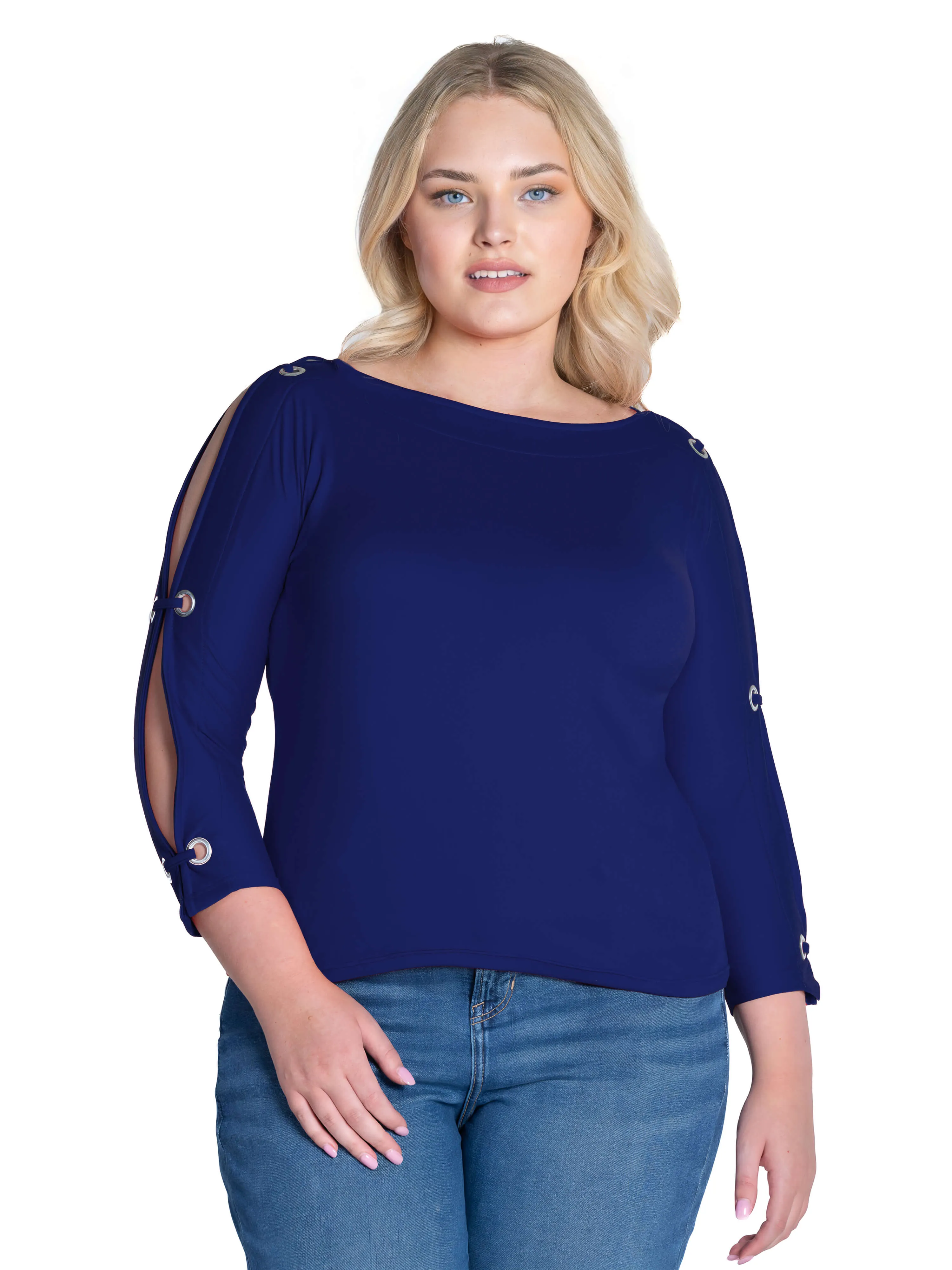 Three Quarter Sleeve Boatneck Cold Shoulder Plus Size Top with Grommet Detail sold by 24/7 Comfort Apparel product image thumbnail 3