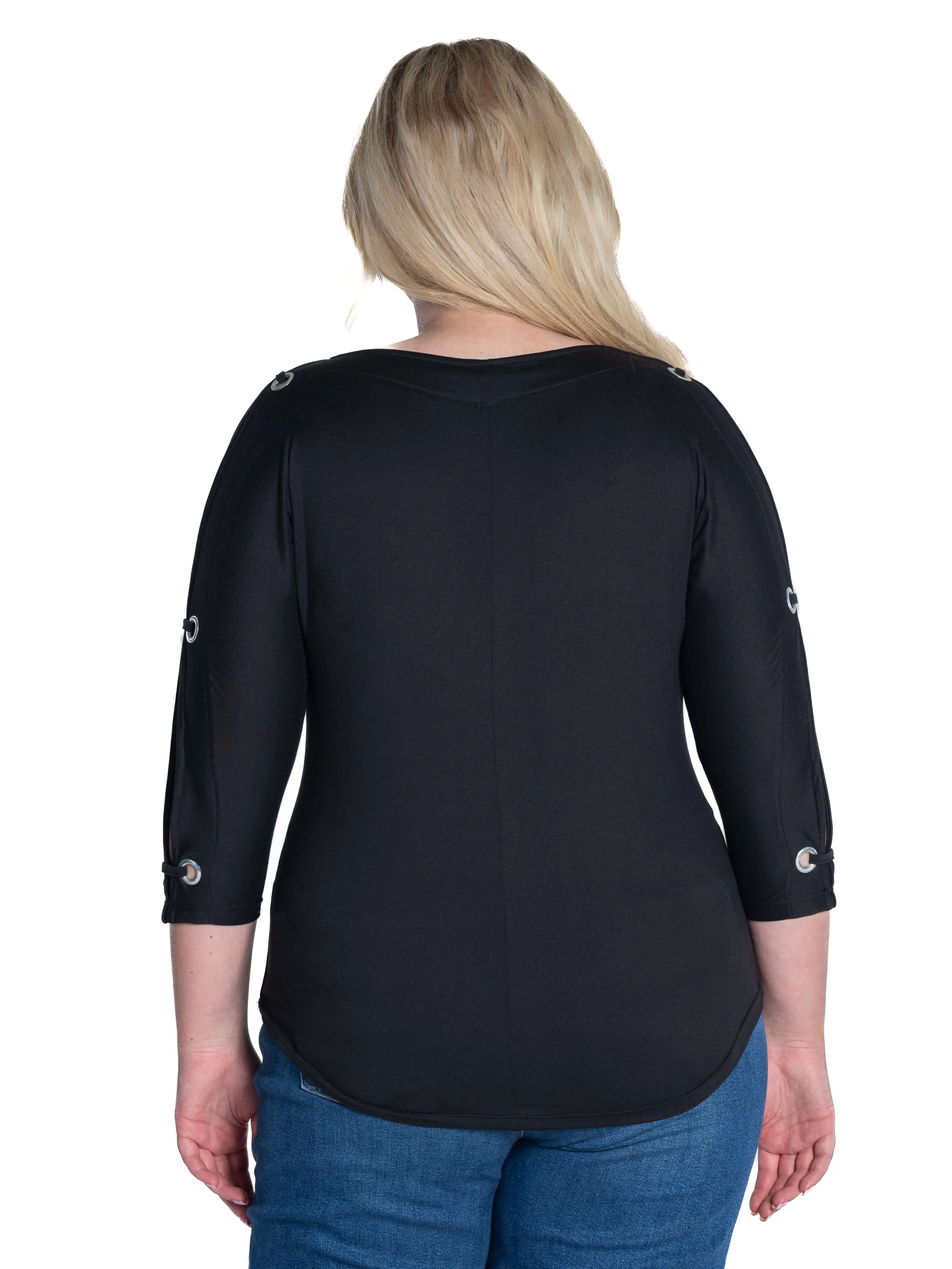 Three Quarter Sleeve Boatneck Cold Shoulder Plus Size Top with Grommet Detail sold by 24/7 Comfort Apparel product image thumbnail 4