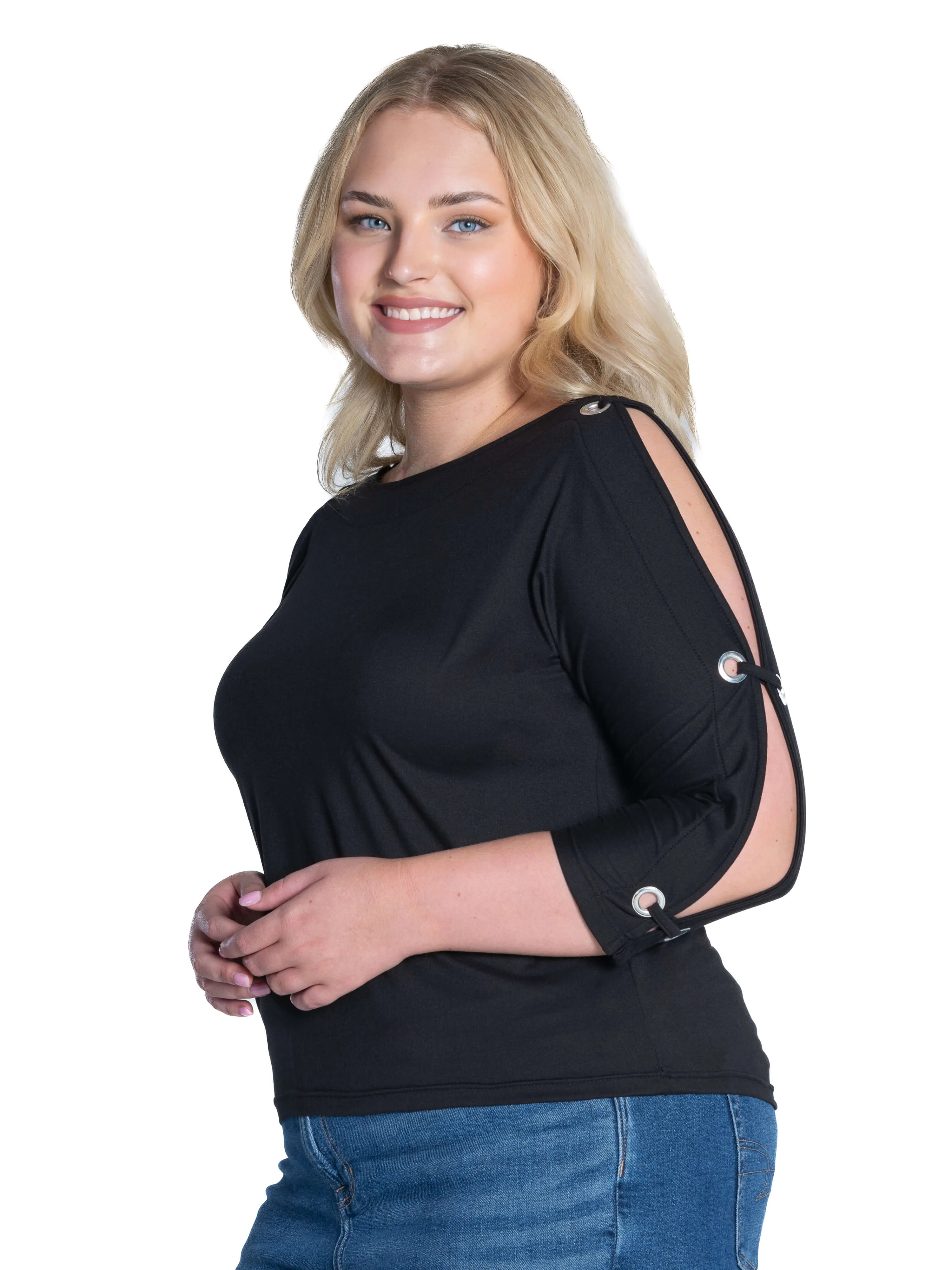 Three Quarter Sleeve Boatneck Cold Shoulder Plus Size Top with Grommet Detail sold by 24/7 Comfort Apparel product image thumbnail 5